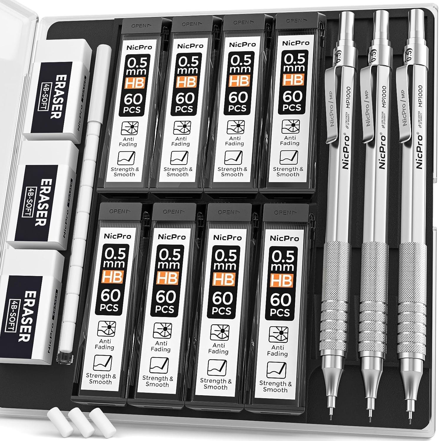 Durable 3PCS Mechanical Pencil Set with 8 HB Lead Tubes & Stylish Storage Case