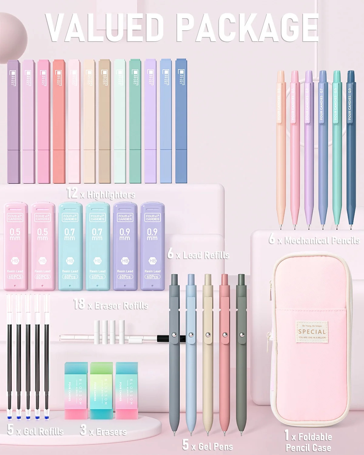 39 PCS Aesthetic Supplies with Cute Pen Case, 12 Pastel Highlighters, 5 Black In