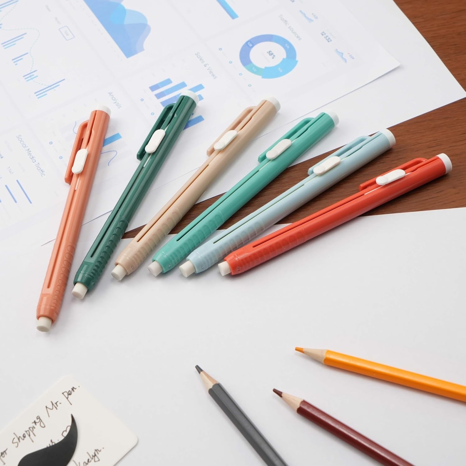 Smooth-Click Retractable Mechanical Erasers – 6 Coral Pens for Clean Corrections