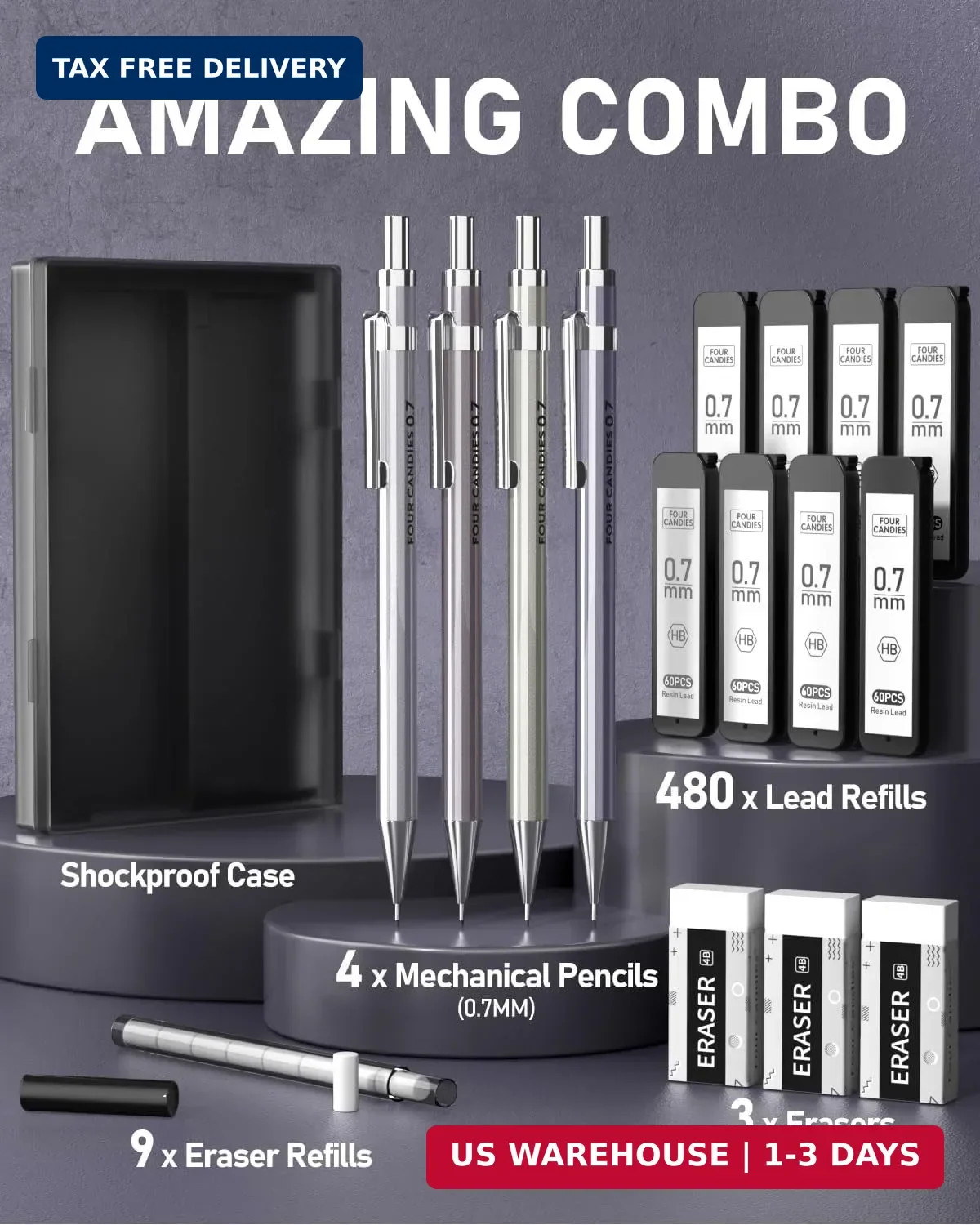 Four Candies 0.7mm Mechanical Pencil Set with Case – 4PCS Metal Mechanical Penci