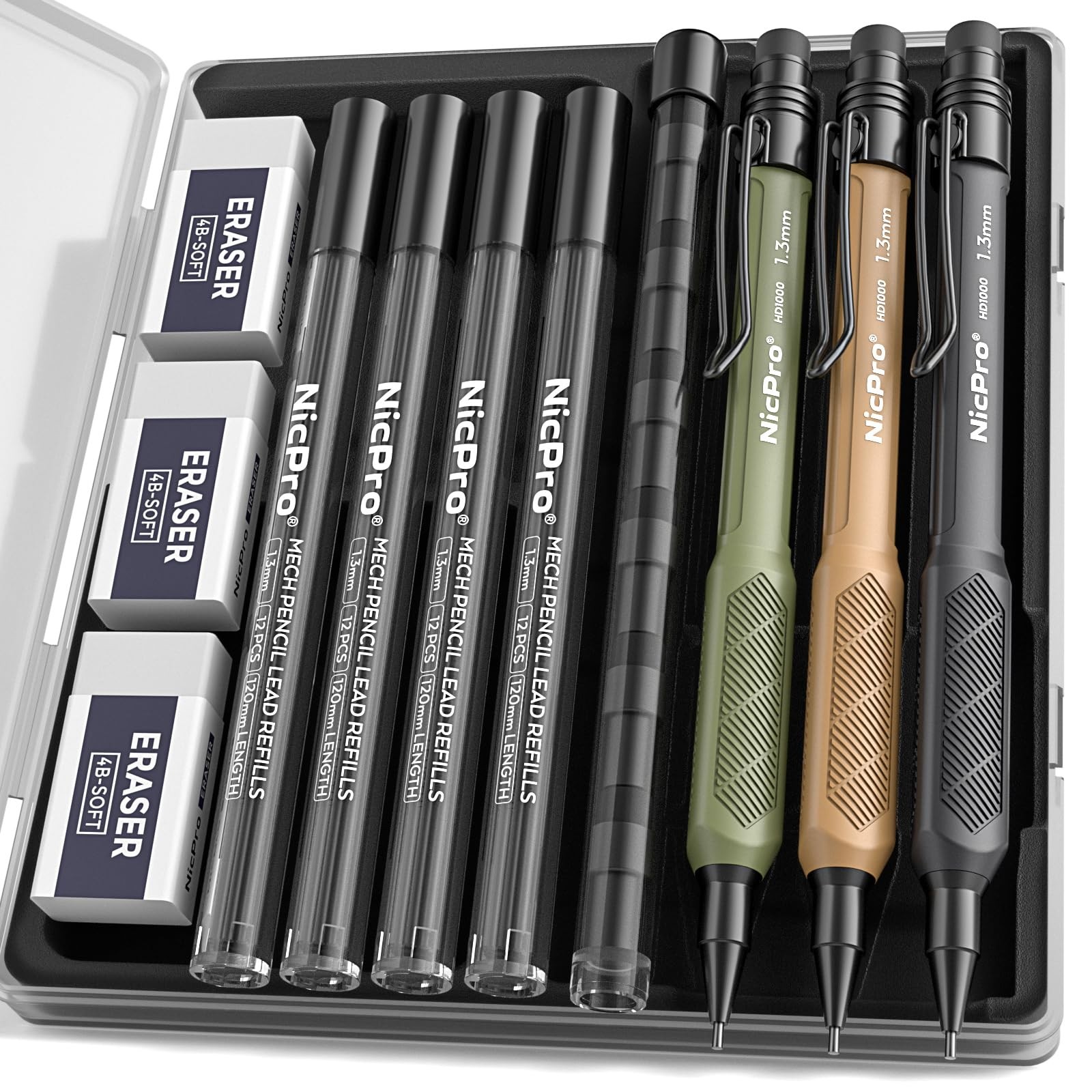 Nicpro 3 PCS 1.3 mm Mechanical Pencils Set 3 Colors 3 Pack, Black,Green,Brown