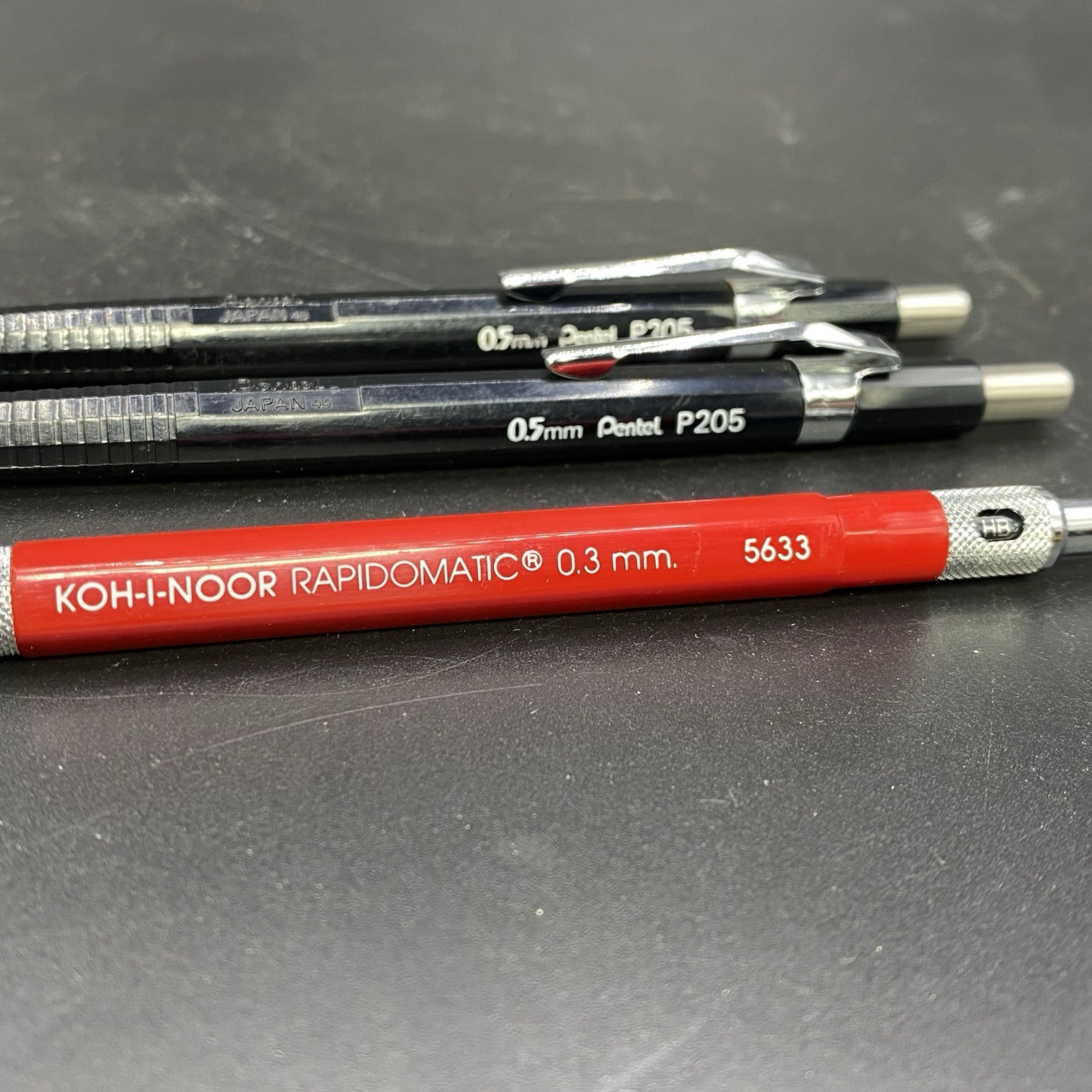 Vintage Koh-I-Noor Rapidomatic 5633 Red 0.3mm & 2 Pentel P205 0.5mm Drafting Set