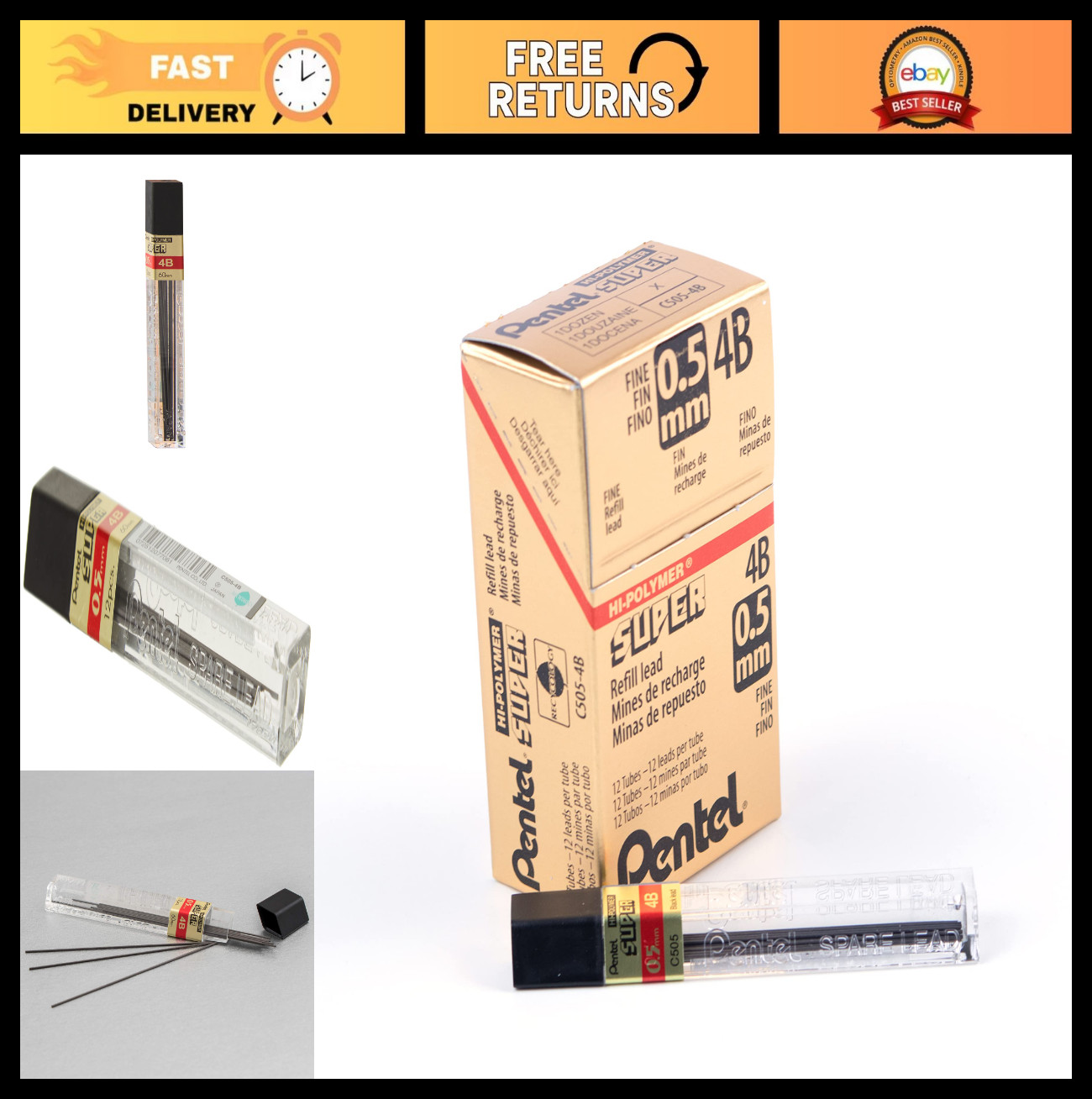 0.5mm Fine 4B Mechanical Pencil Lead Refill – 144 Pieces, Super Hi-Polymer Quali