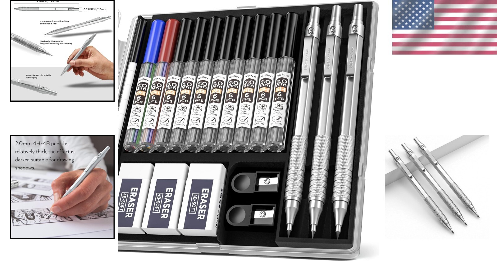 Durable Metal Mechanical Pencil Set for Artists with 10 Refill Leads & Case