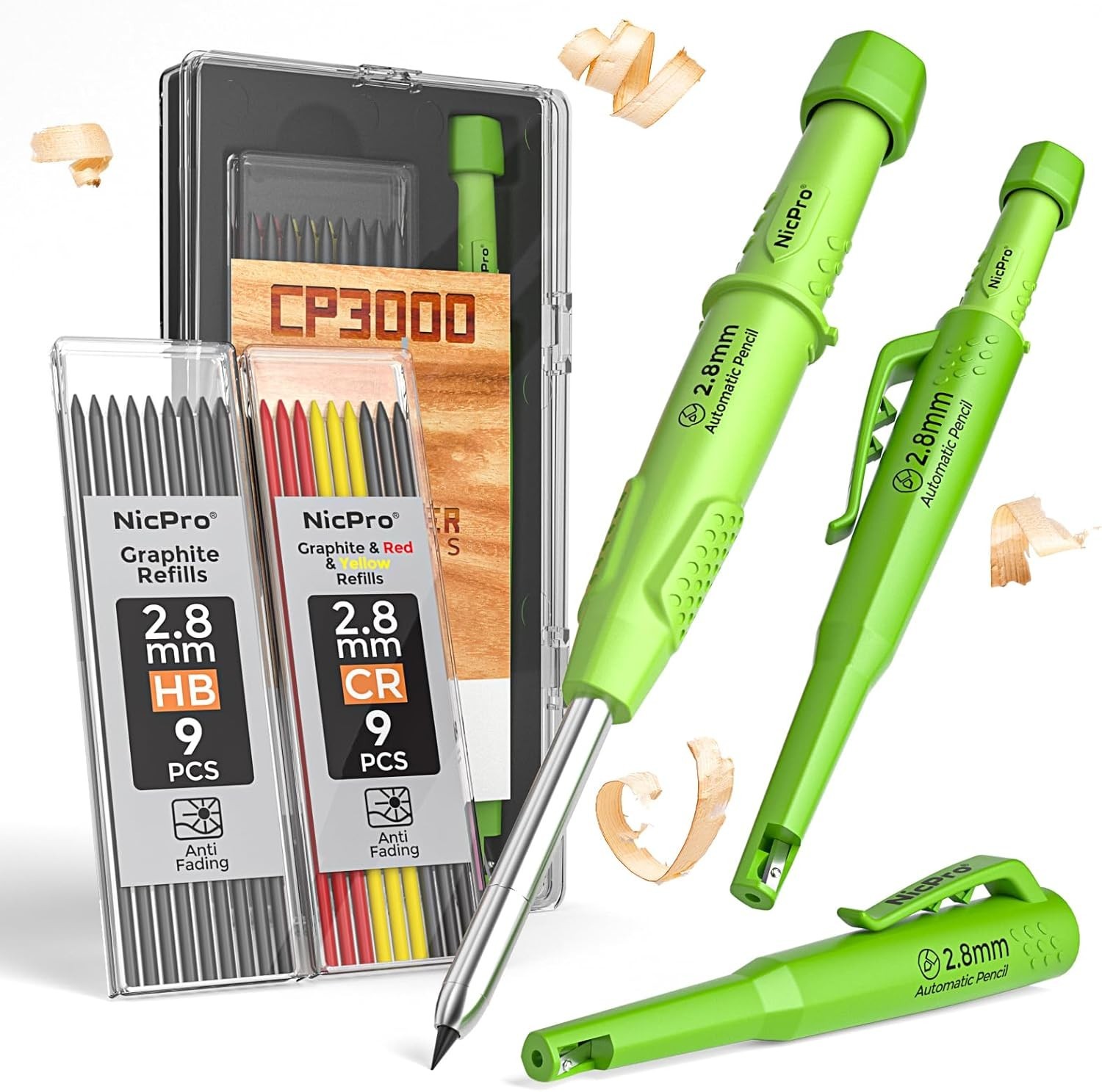 Nicpro CP3000 Carpenter Pencil with Sharpener, 2.8 mm 1 Pack, Green