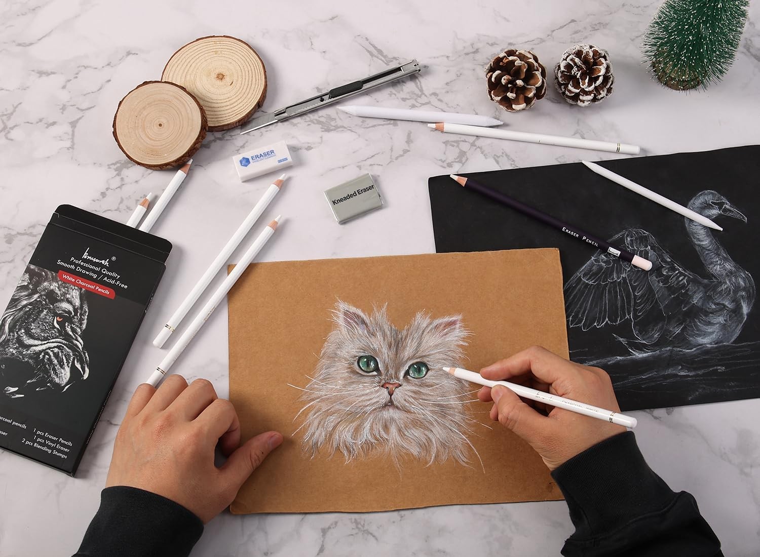White Charcoal Pencils Set – 12 Piece Sketch Highlight