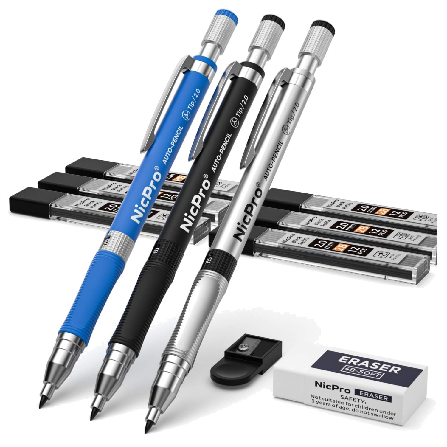 11 Pieces Mechanical Pencil Set 2mm, Refillable HB B Drafting Artist Writing