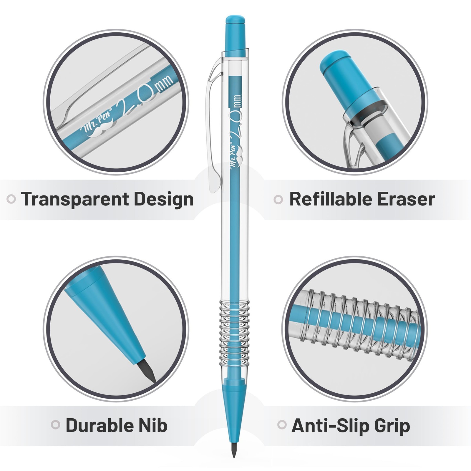 Mr. Pen- Pastel Mechanical Pencil Set, 5 5 Count (Pack of 1), Clear Barrel
