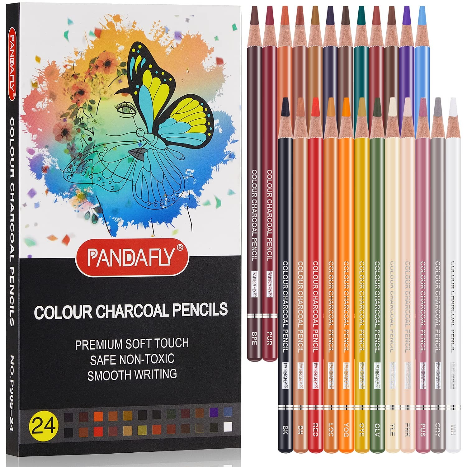 PANDAFLY Professional Colored Charcoal Pencils 1 Count (Pack of 1), 24 Colors