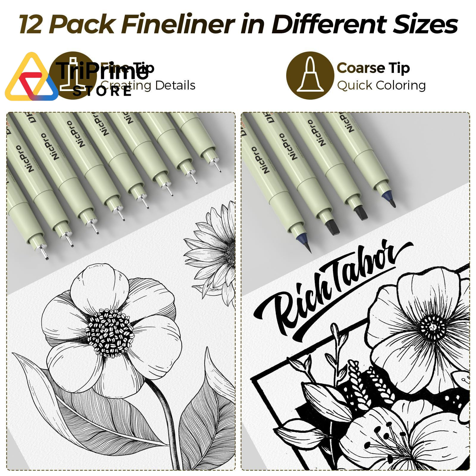 Nicpro 58 PCS Art Drawing Supplies Kit in 0.5mm 0.7mm 0.9mm 2.0mm, Black