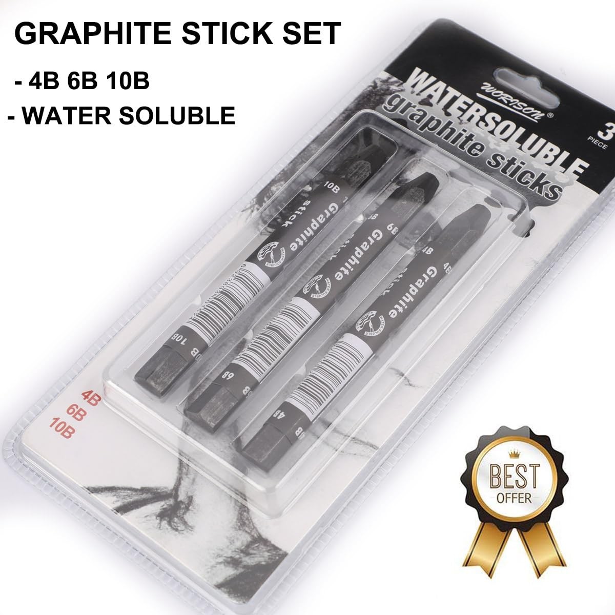 MODOLATA Graphite Sticks for Drawing- Water 3 Count (Pack of 1), Black