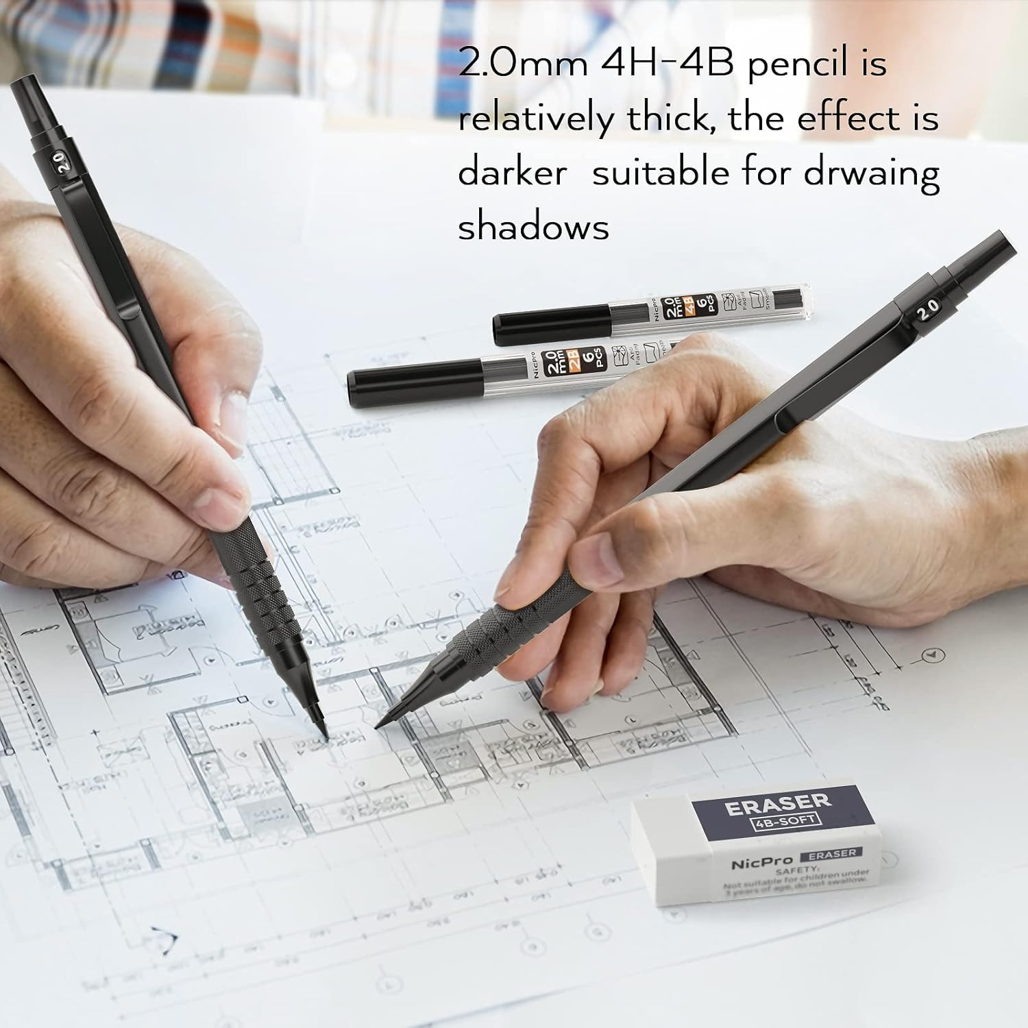 Black Metal 2.0 Mechanical Pencil Set with Case, 3 PCS Drafting Lead