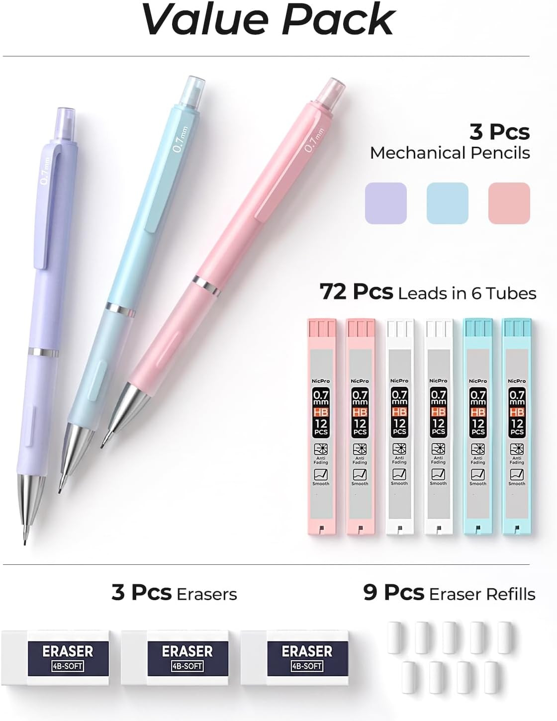 3PCS Cute Mechanical Pencil Set with Case, 0.7 Mm Pencils with 6 Tube HB Lead Re