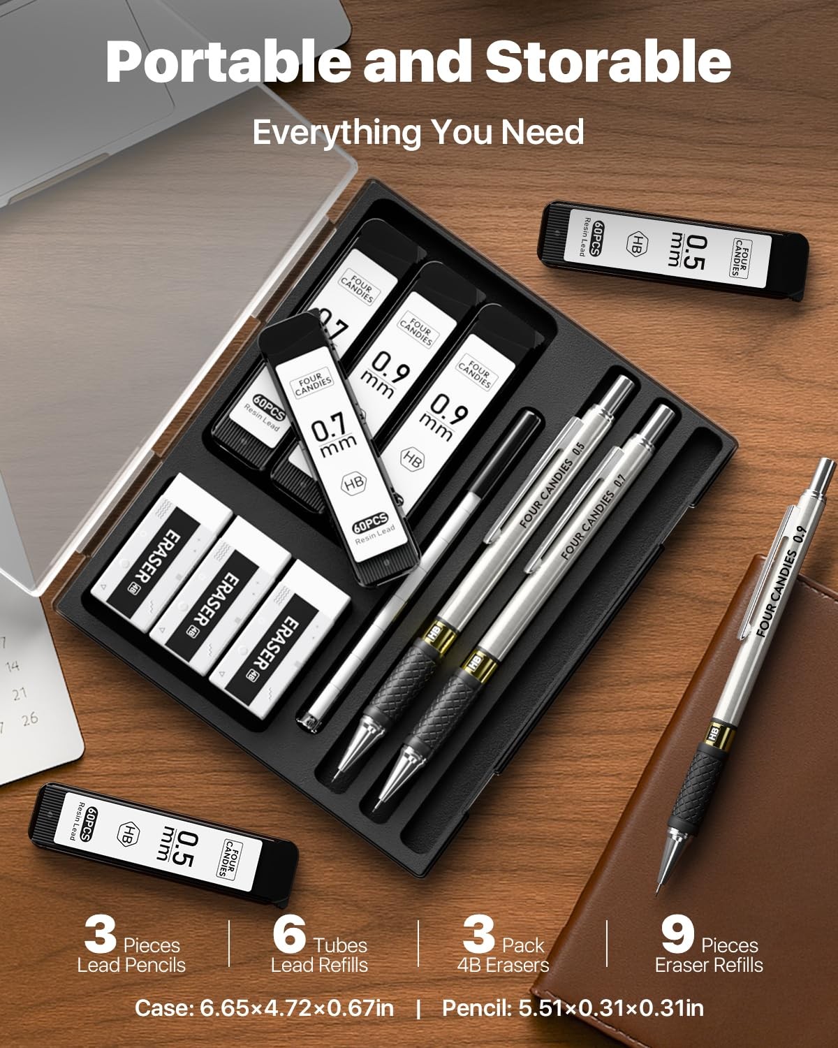 Metal Mechanical Pencil Set 0.5/0.7/0.9mm 360 Leads Drafting Art 3 PCS