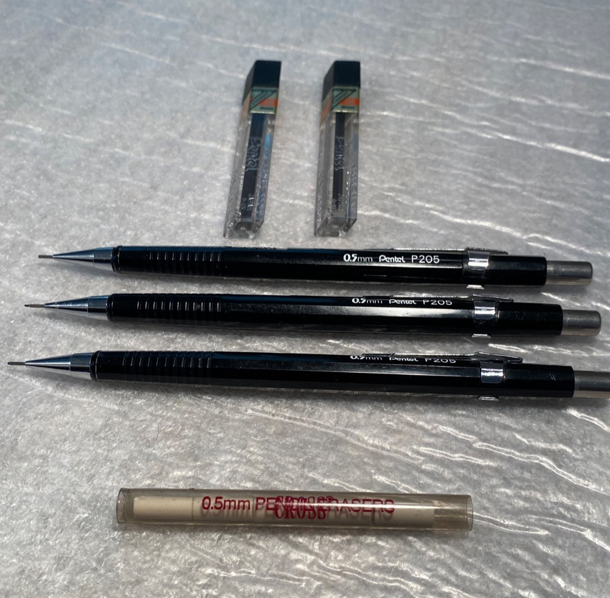 (3) Vtg Pentel MECHANICAL PENCILS P205 Black 0.5mm Body Pocket Clip Japan FREESH