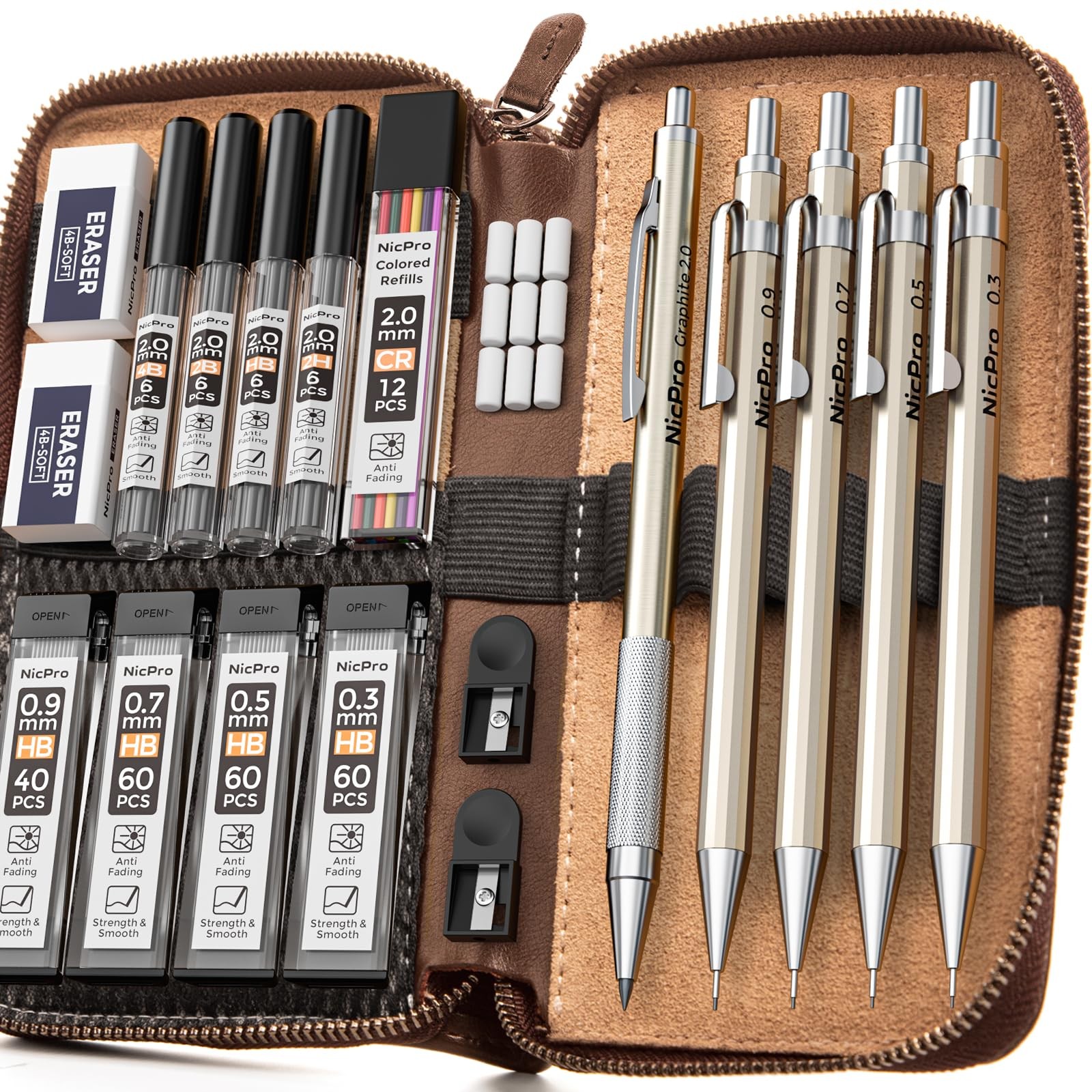 29PCS Metal Mechanical Pencil Set in Leather Case, 0.3 & 0.5 & 0.7 & 0.9 & 2m…