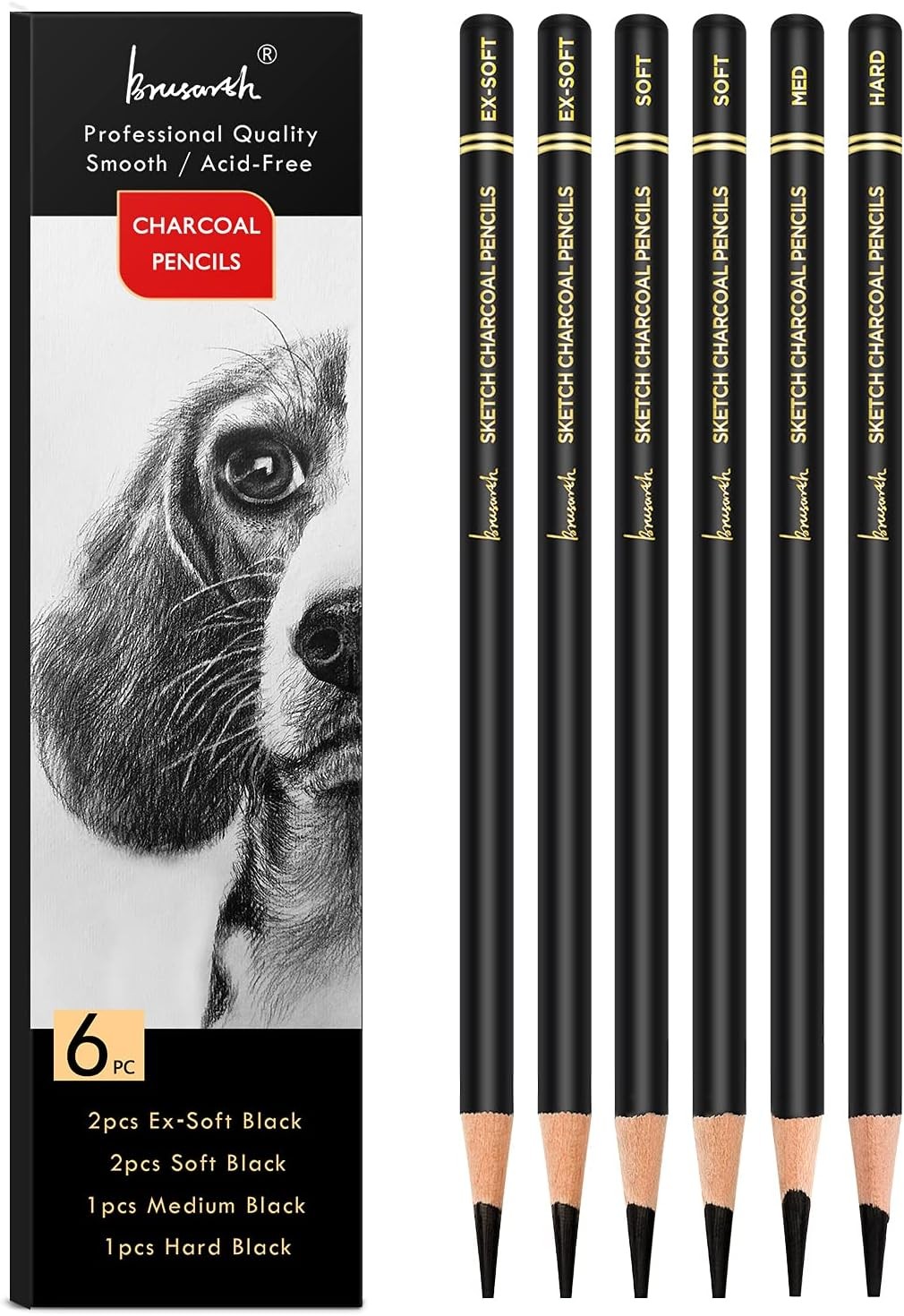 Professional Charcoal Pencils Drawing Set – 6 1 Count (Pack of 6), Black