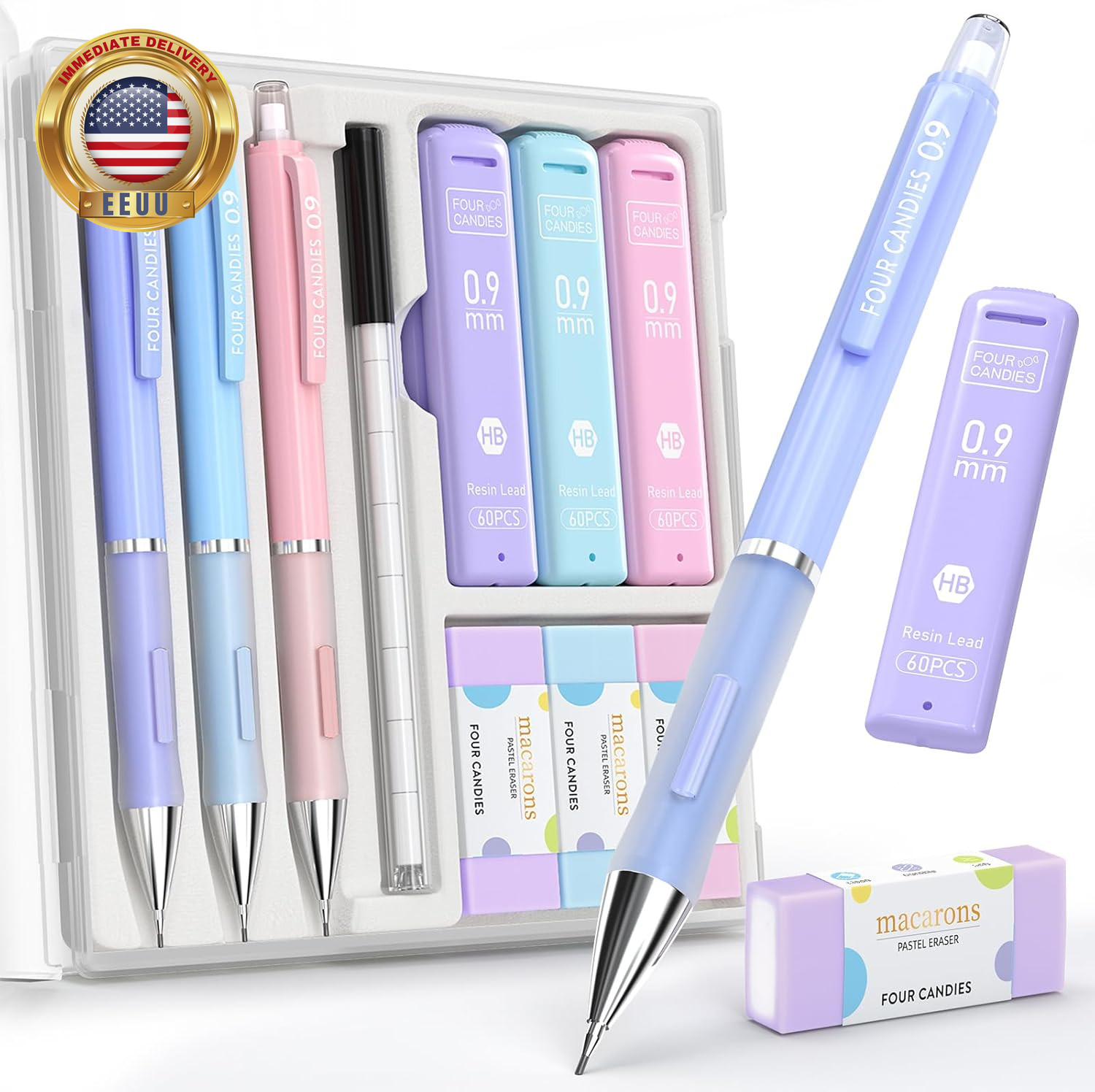 3PCS Cute Mechanical Pencils Set, 0.9Mm with 360PCS Thick Leads, Pastel Erasers
