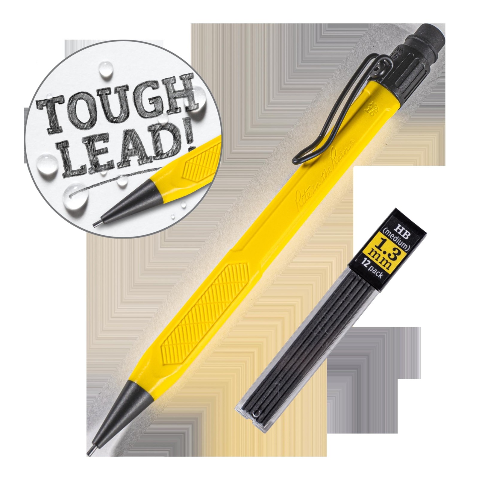 Weatherproof Mechanical Pencil, Yellow, 1.3mm Dark Lead, 12 Refills
