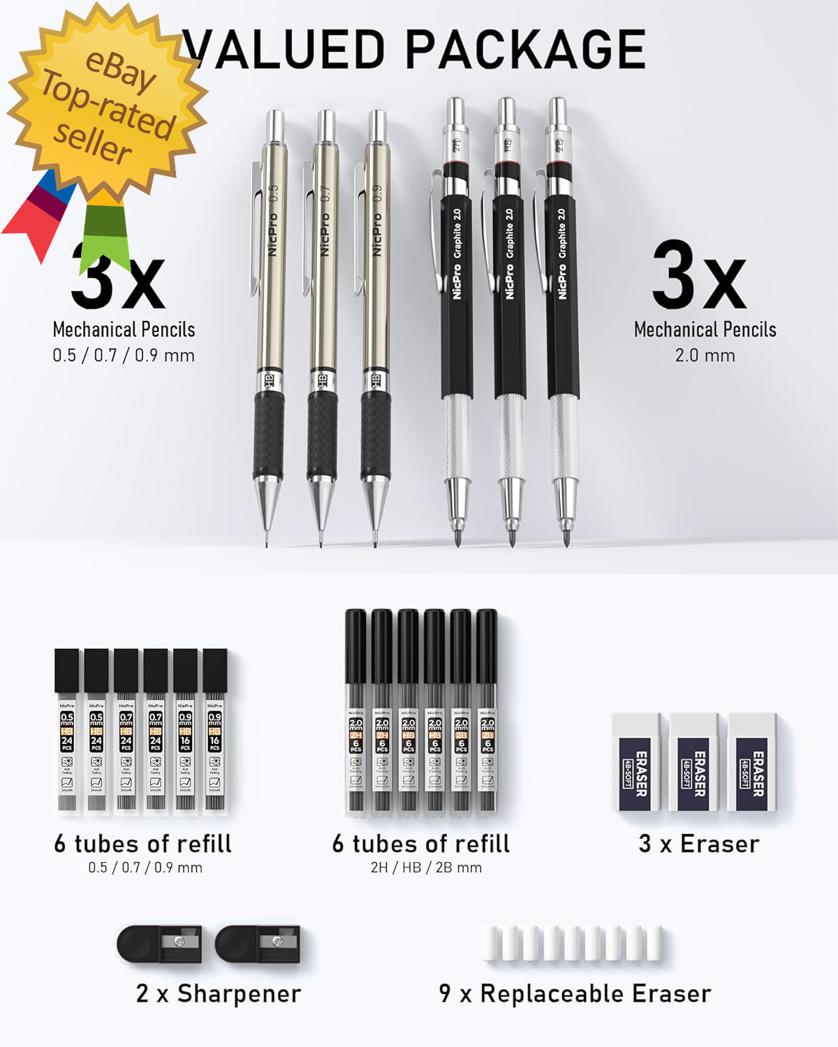 6PCS Art Mechanical Pencil Set, 3PCS Metal Drafting Pencil 0.5 Mm & 0.7 Mm & 0.9