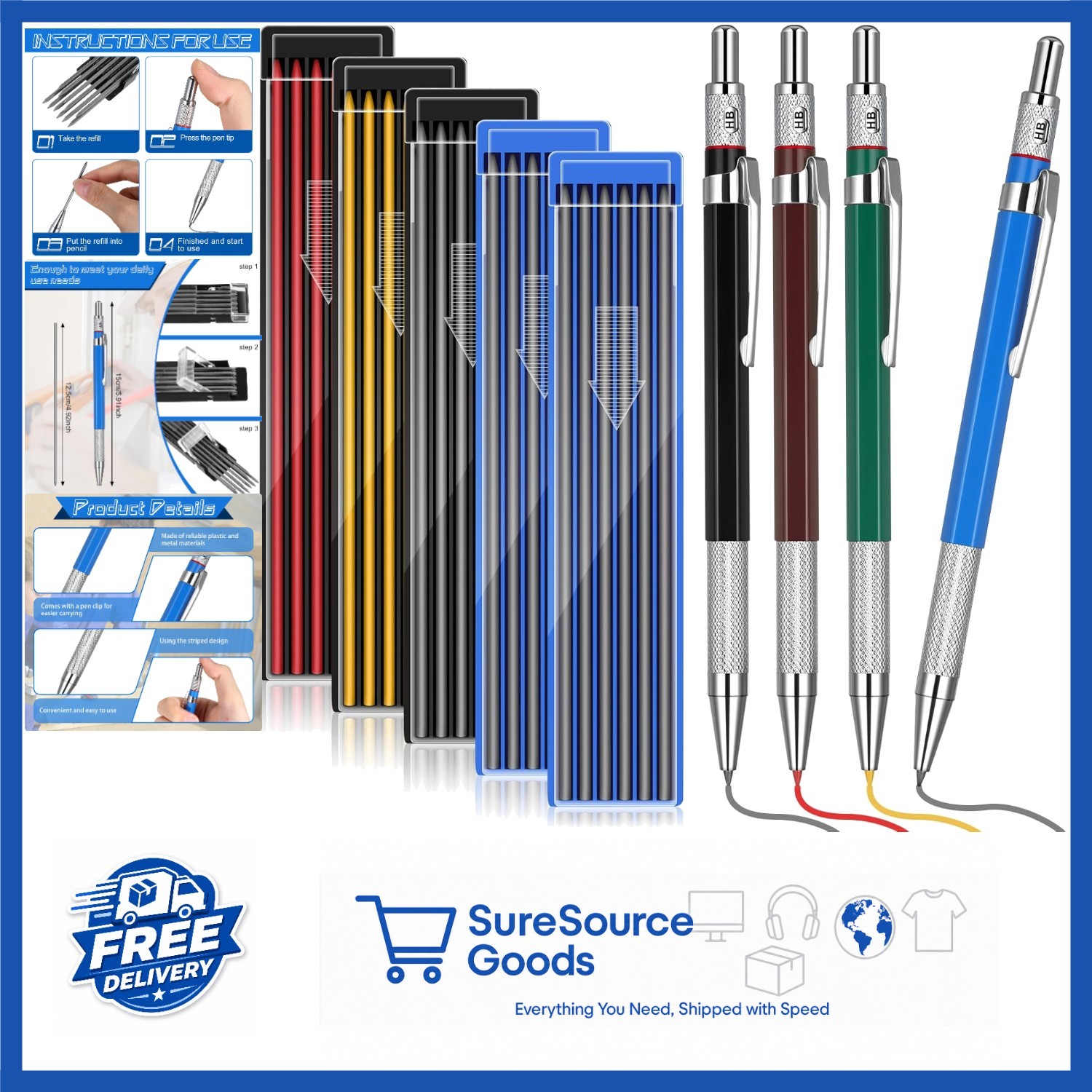 Metal Marker Pens Set 4 Colors with 60 Refills for Office and Construction