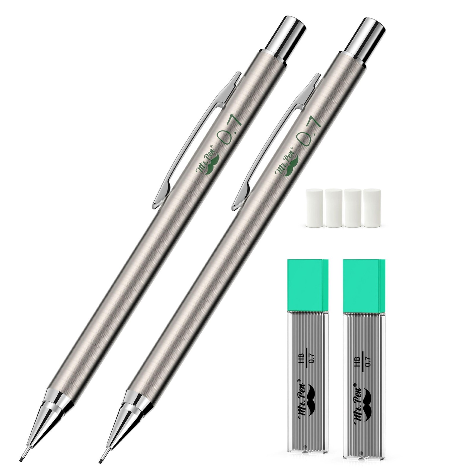 Mr. Pen- Metal Mechanical Pencils, 0.7mm, 2 Pack, 1 Count (Pack of 1), Silver
