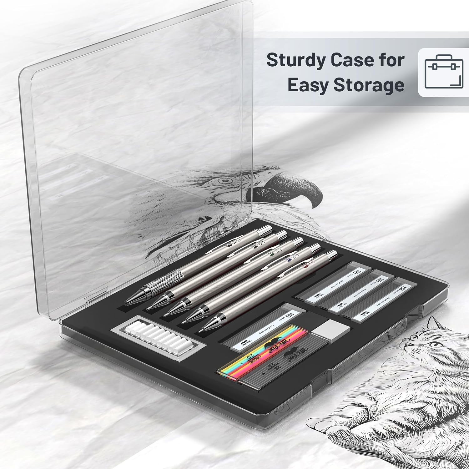 – Metal Mechanical Pencil Set with Lead and Eraser Refills, 5 Sizes