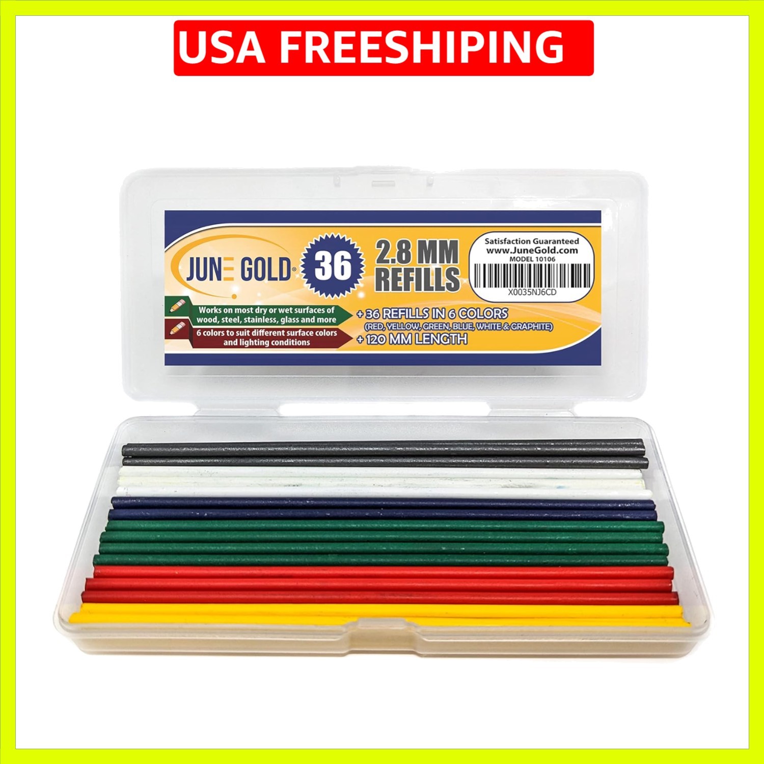 36 Colored 2.8 mm Lead Refills, 6 Colors, Deep or Long Nose & Nib Pencil Ref…