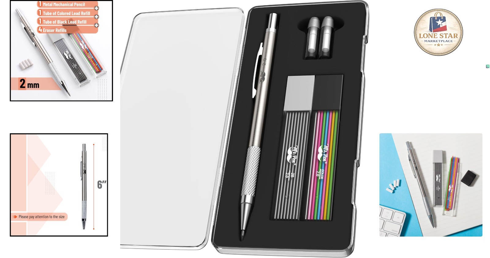 Ergonomic 2.0mm Mechanical Pencil with Lead Refills & Spare Erasers for Drawing