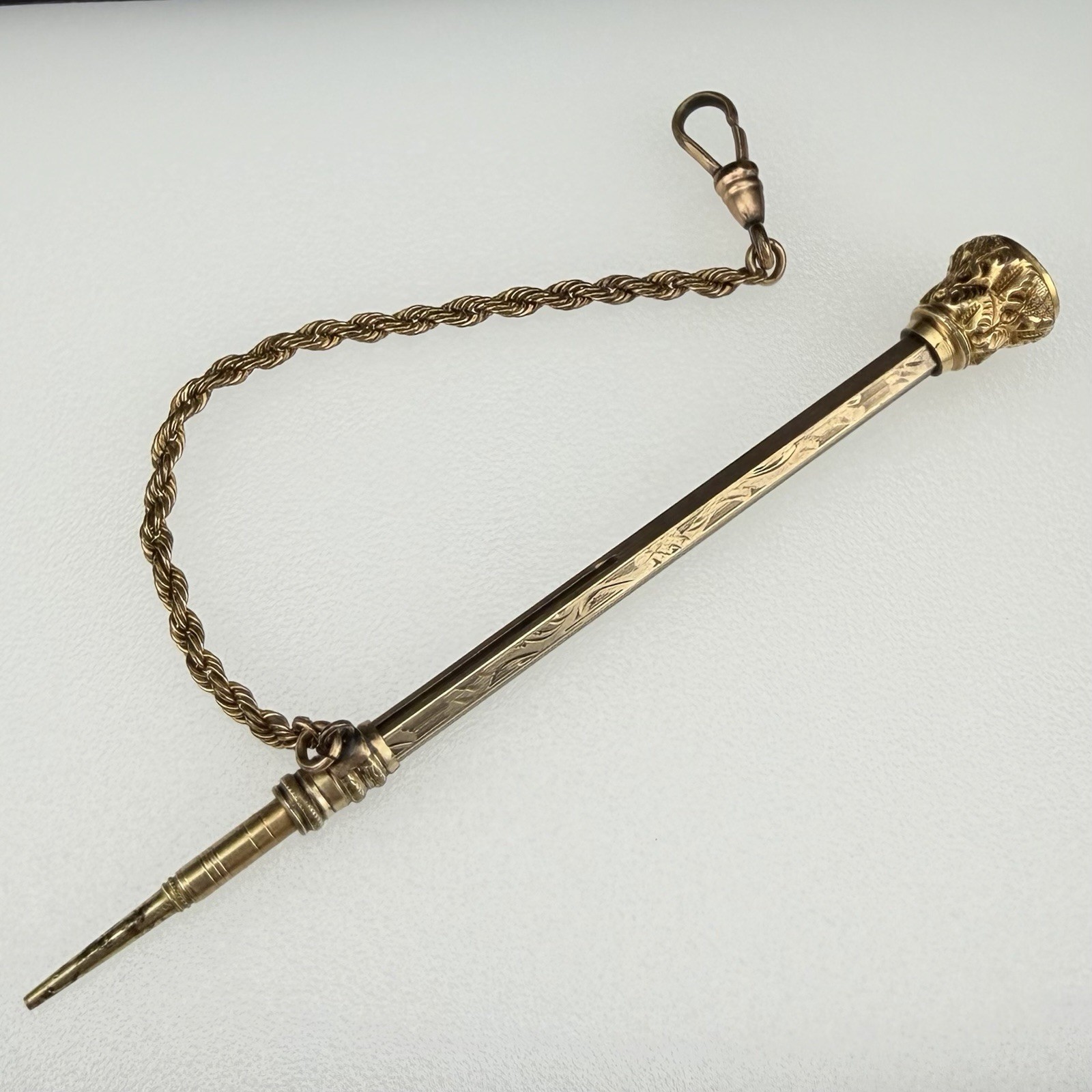 Victorian Gold Filled 3 7/8″ Telescoping Pencil Watch Fob w/ Chain & White Stone