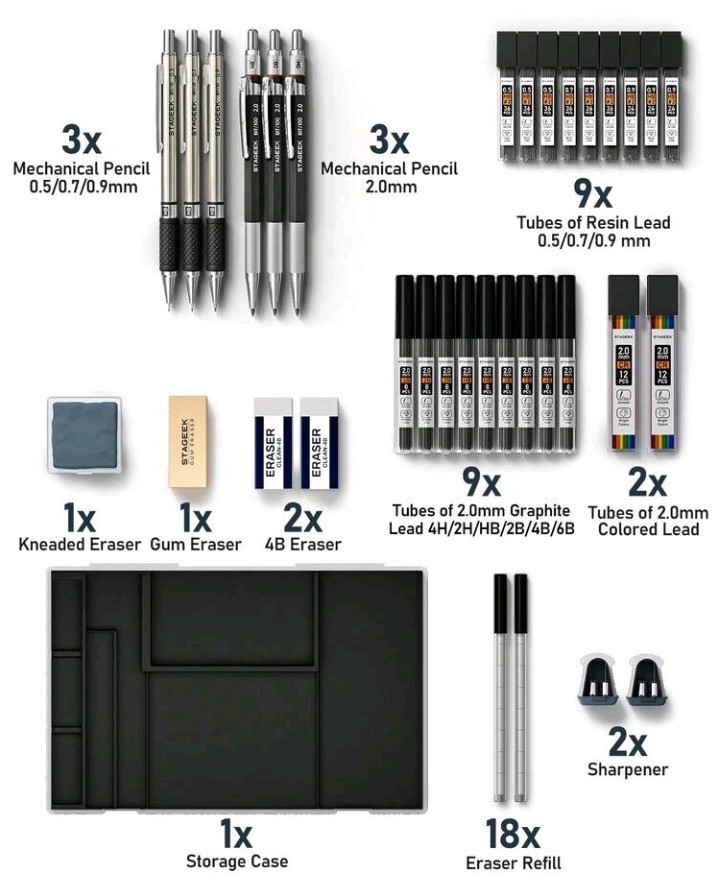34PCS Art Mechanical Pencil Set, Drafting Pencil 0.5, 0.7, 0.9MM & 3PCS 2.0MM…