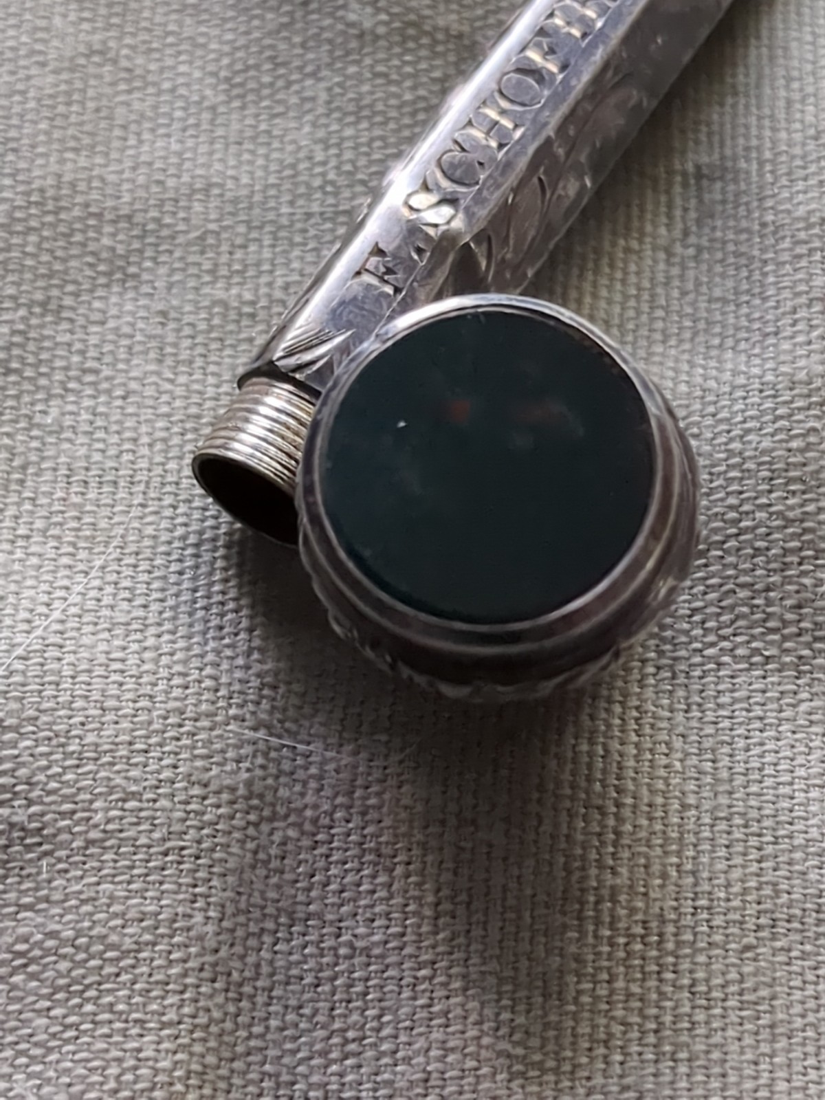 19th Century F. Schofield Sterling Silver Propelling Pencil W/ Black Opal Stone
