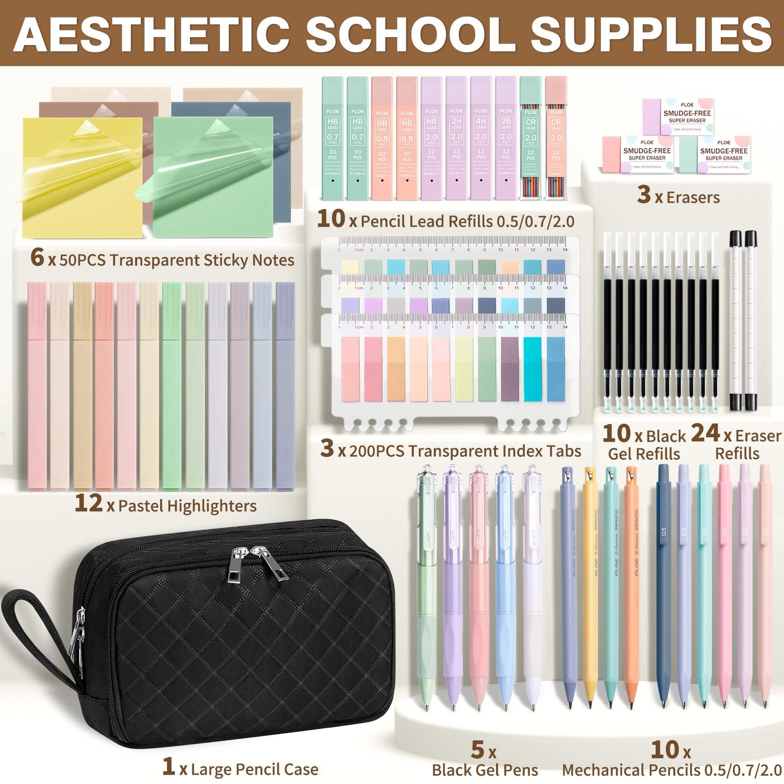62 PCS Aesthetic School Supplies Cute Pencil Case Pastel Highlighters Gel Pen