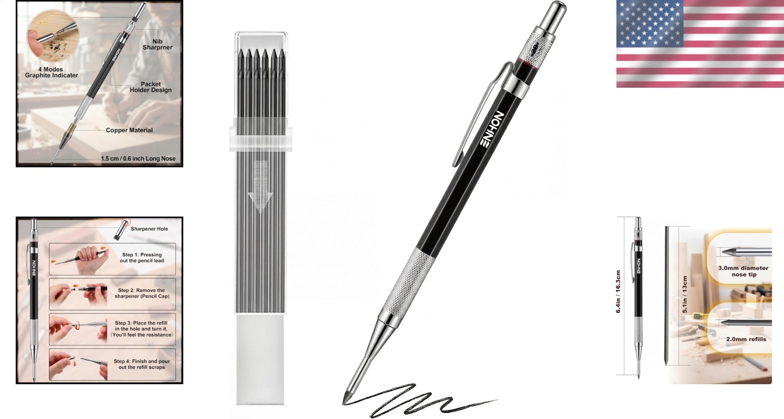 2mm Mechanical Carpenter Pencil Set, Woodworking Marking Tool, Black, 12 Refills