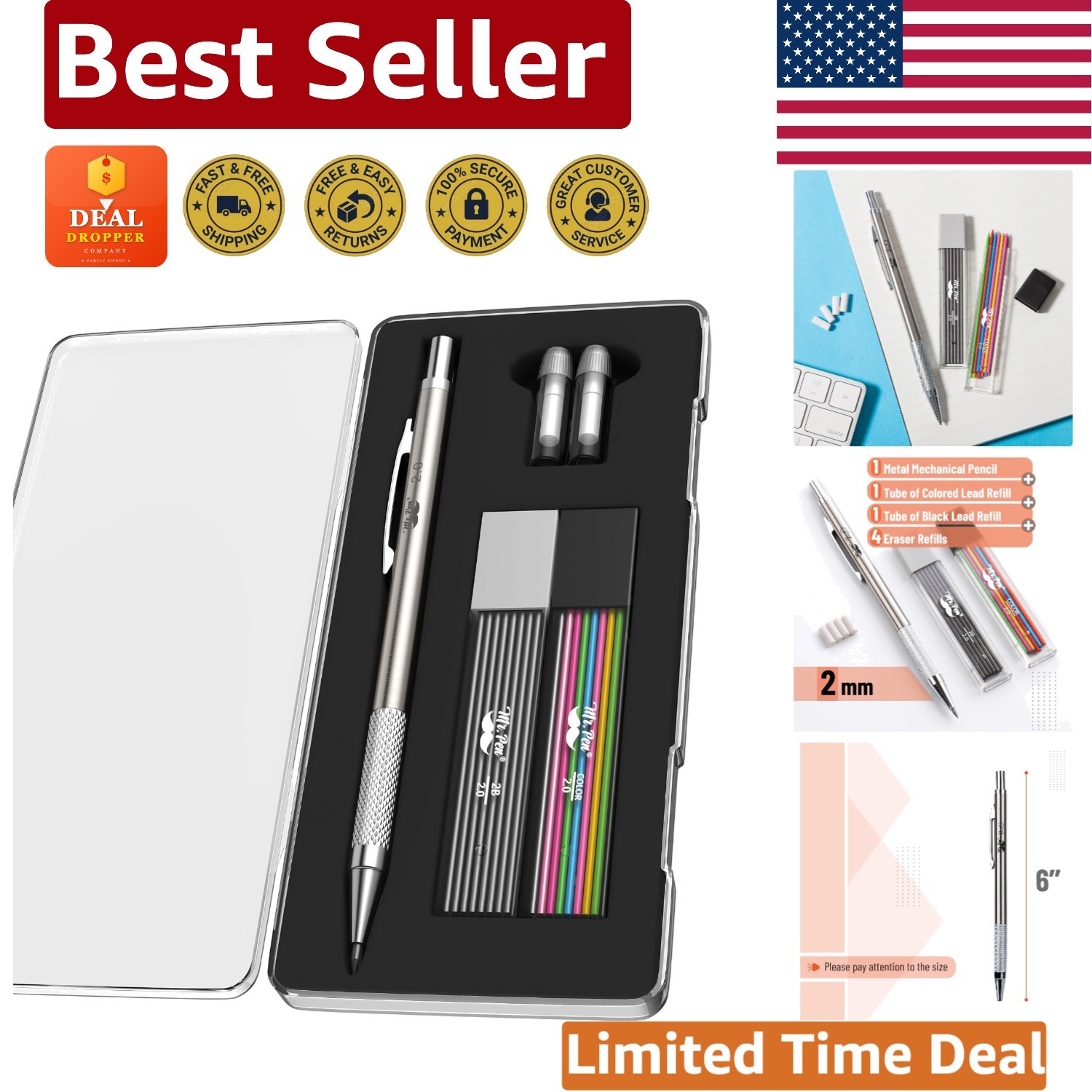 Ergonomic Metal Mechanical Pencil with Colored Lead Refills and Spare Erasers