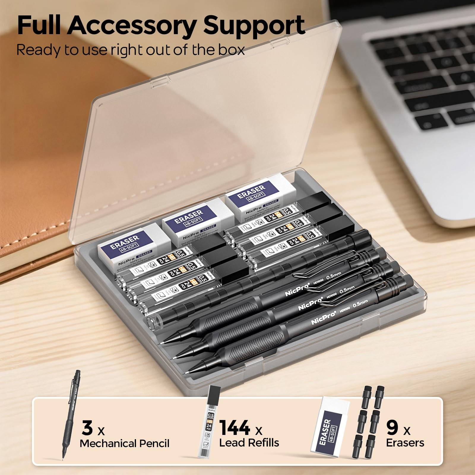 Nicpro HD1000 0.5 mm Art Mechanical Pencil Set in Case, 3 PCS 0.5mm, Black