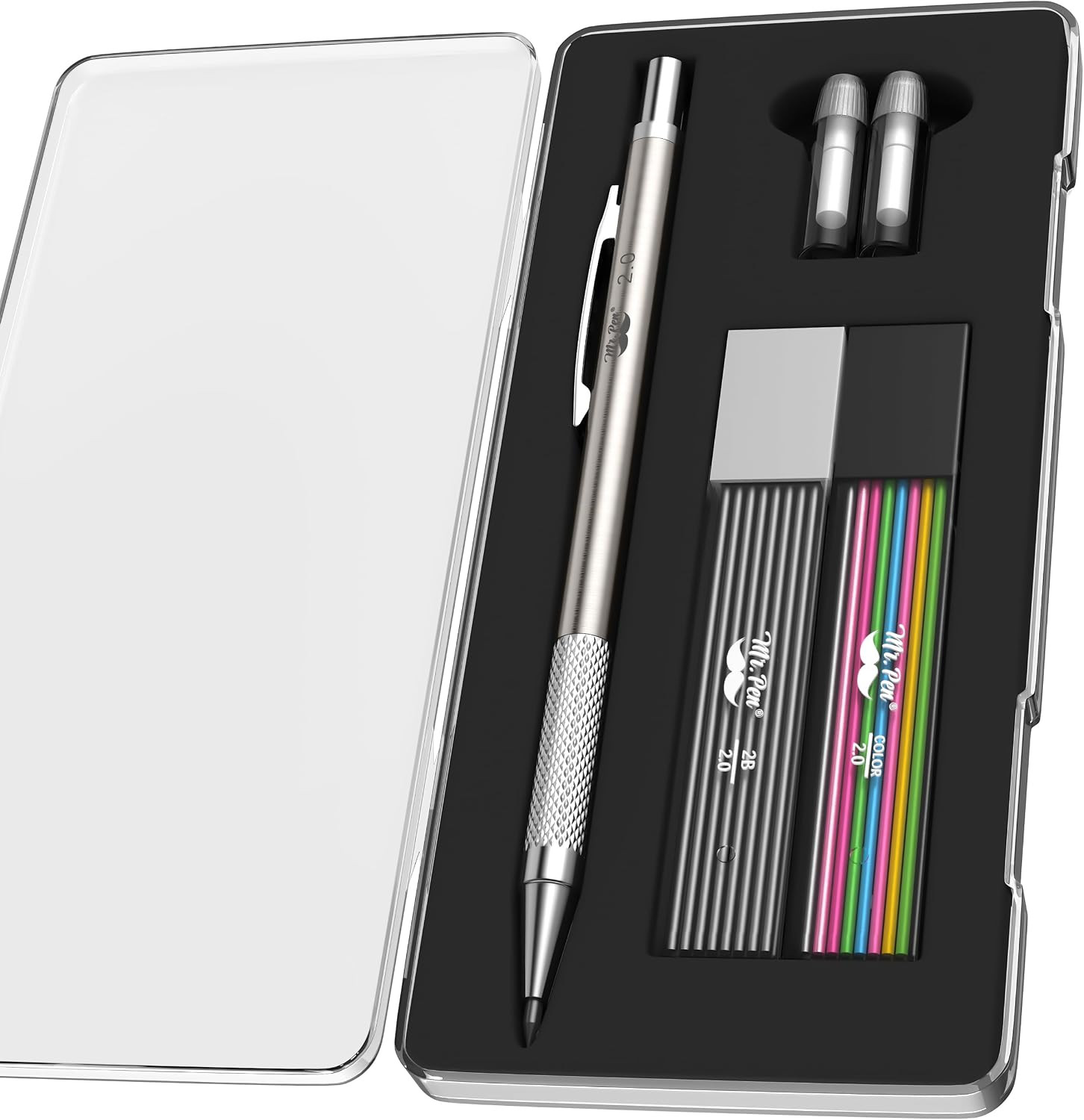 – Metal Mechanical Pencil Set with Lead Refills & Erasers, 2Mm | HB & Colored Le