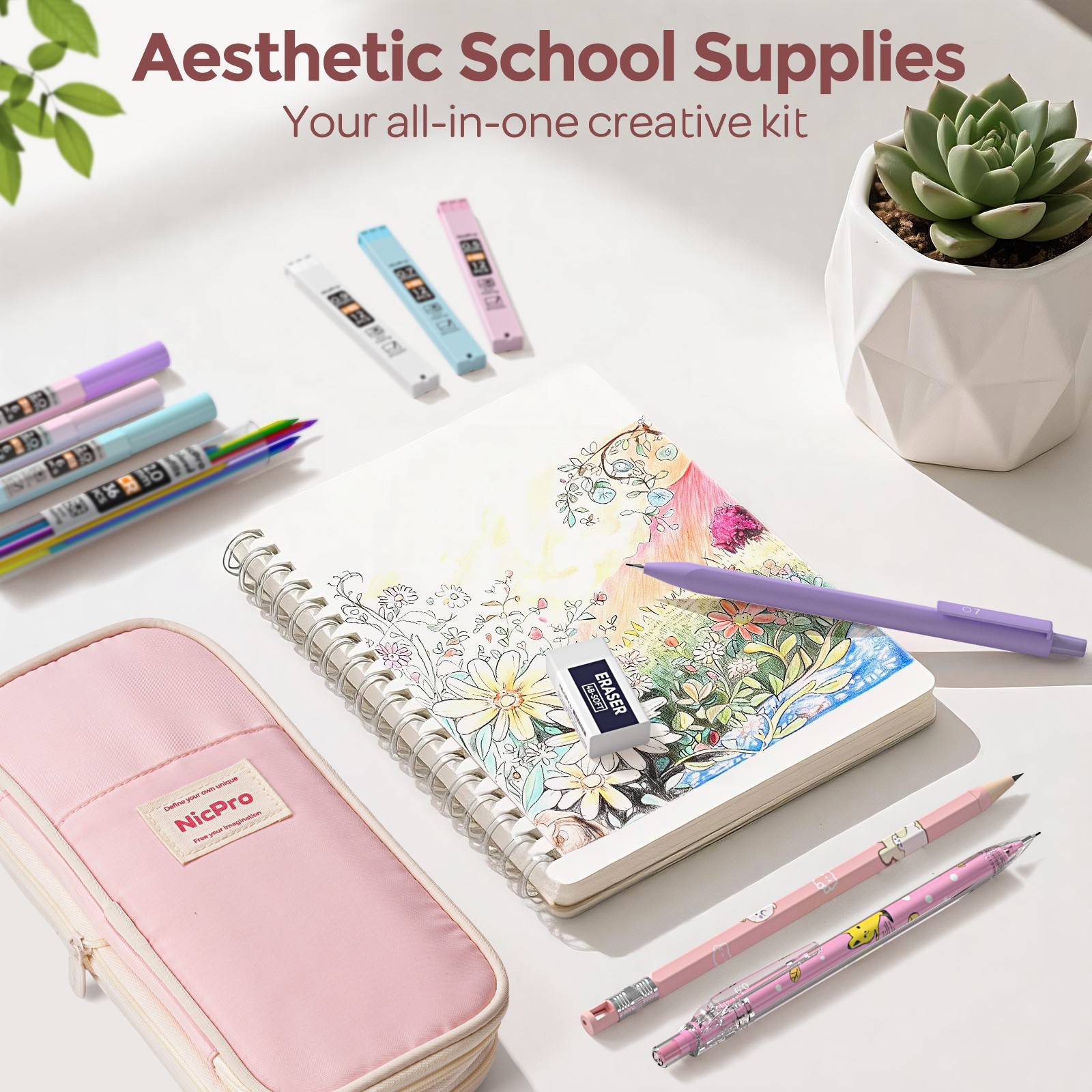 Nicpro 45PCS Aesthetic School Supplies, Pink Case, Pastel Pencils 0.5-2mm