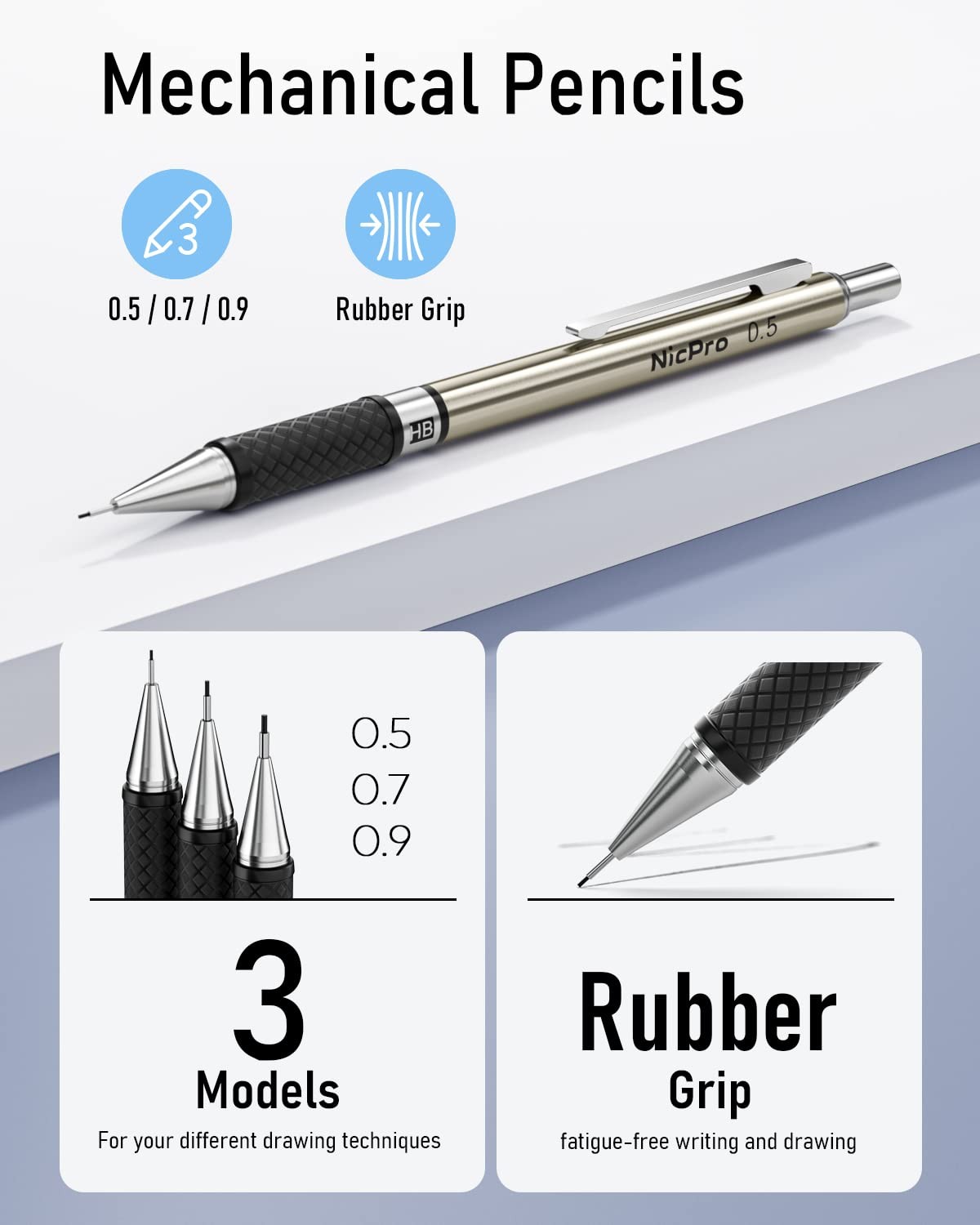 Nicpro 6PCS Art Mechanical Pencil Set, 3PCS Metal 1 count (Pack of 1), Silver