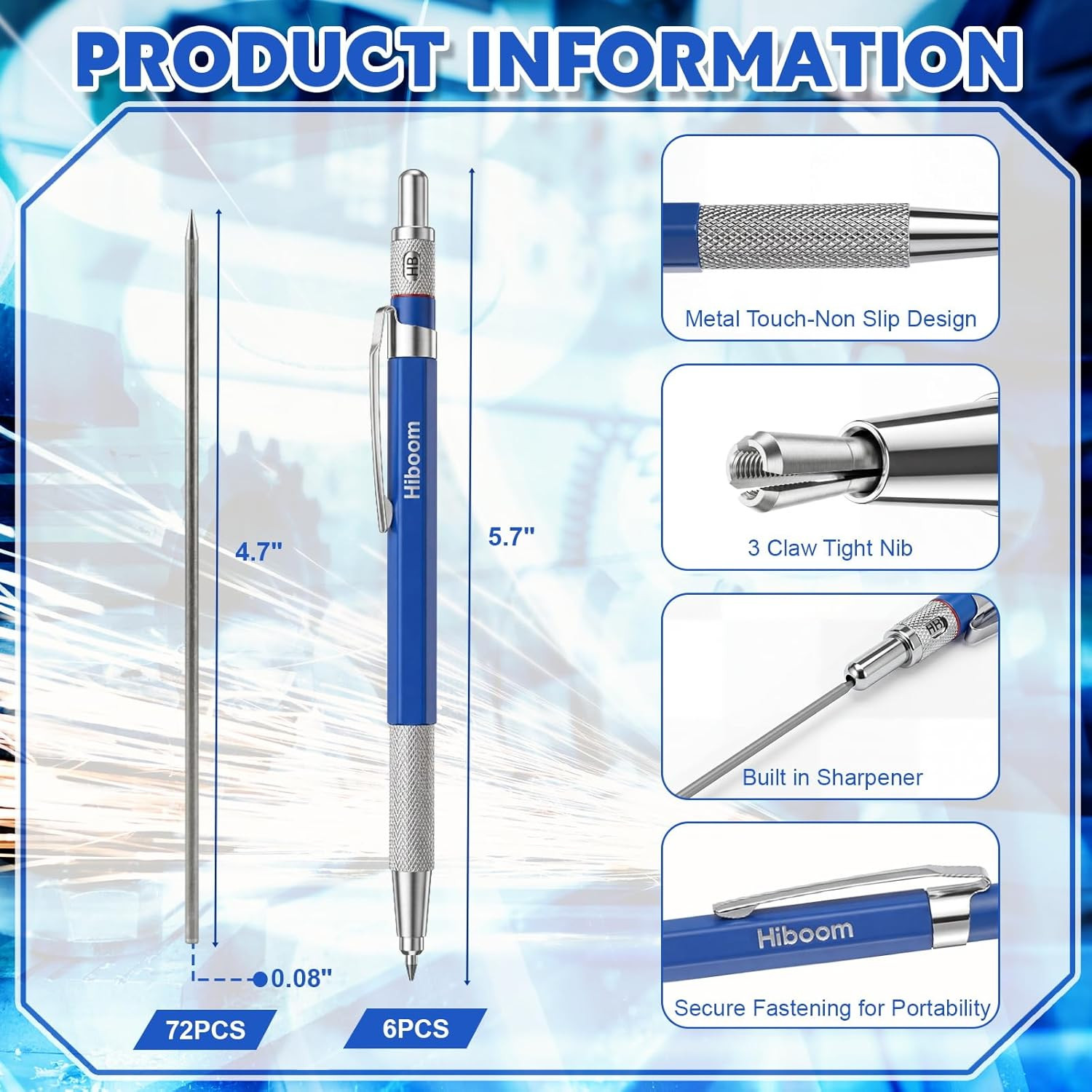 6 Pcs Welders Pencil with 72 Silver round Refills, 2 Mm round Lead Mechanical Me