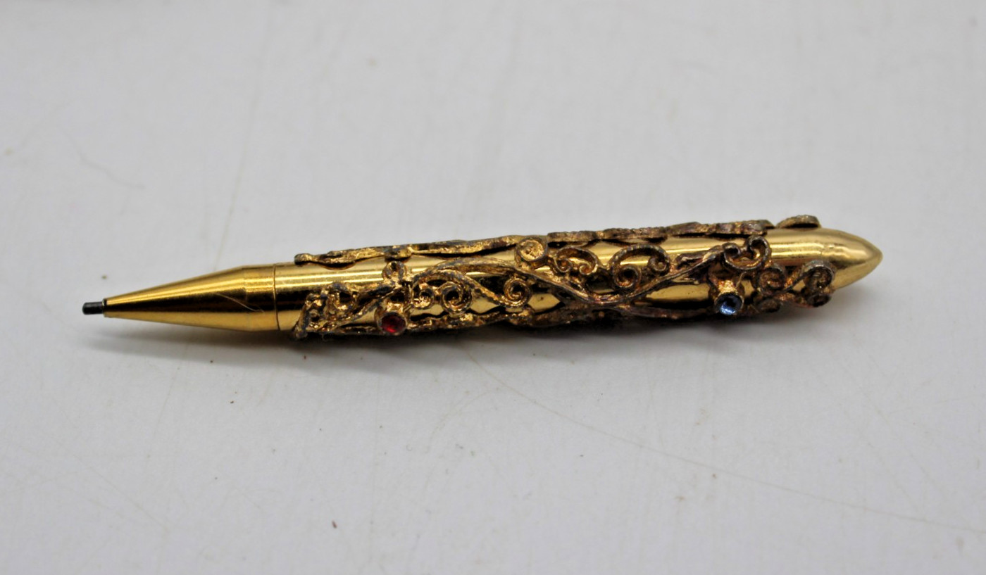 Vintage Gold Tone Filigree Mini Mechanical Pencil with Rhinestones 1950’s case