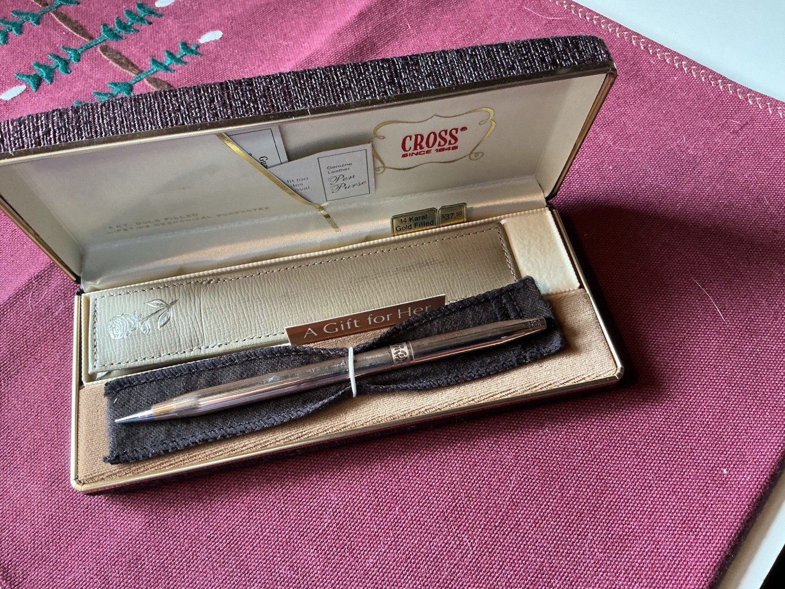 Vintage Cross Mechanical Pencil In Original Case 14Karat GF “ForHer” WithLeather