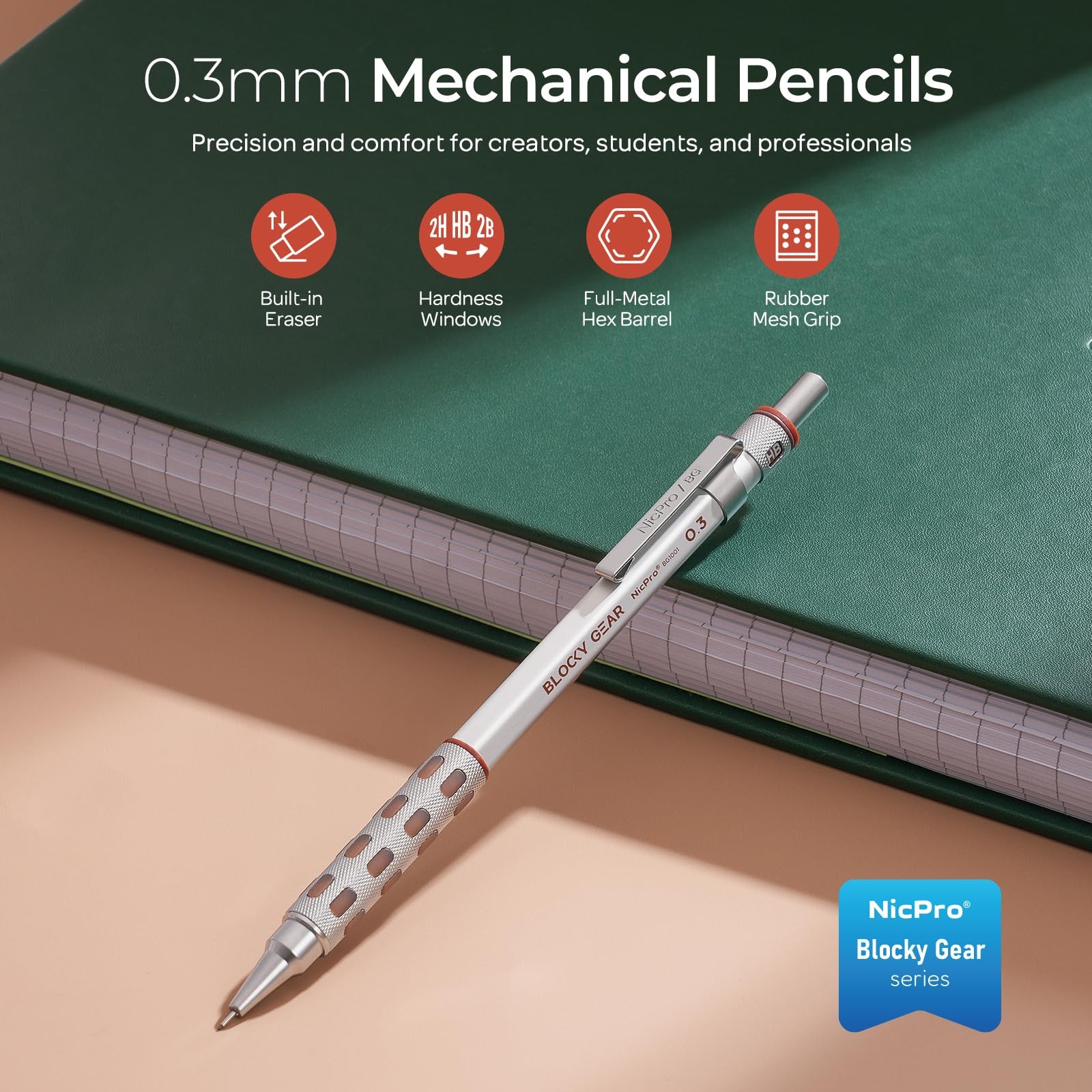 Nicpro Blocky Gear 0.3 mm Mechanical Pencils Set in Case, Metal mm, Black