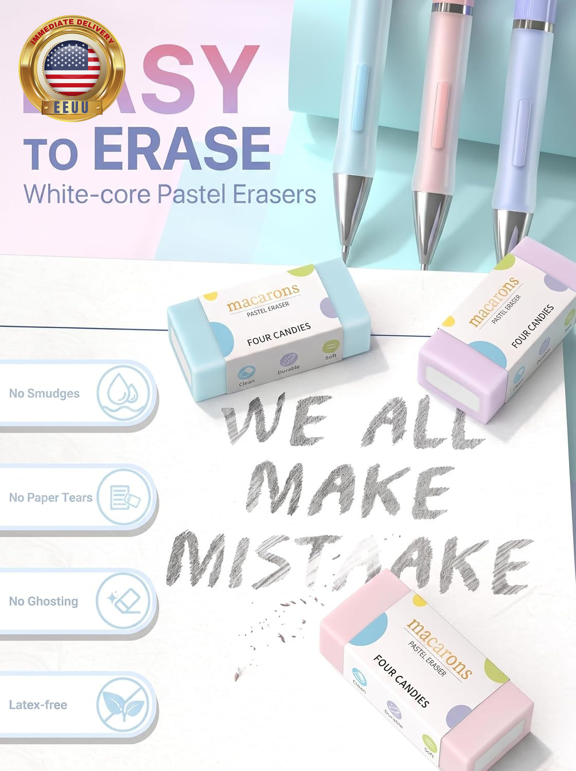 3PCS Cute Mechanical Pencils Set, 0.9Mm with 360PCS Thick Leads, Pastel Erasers