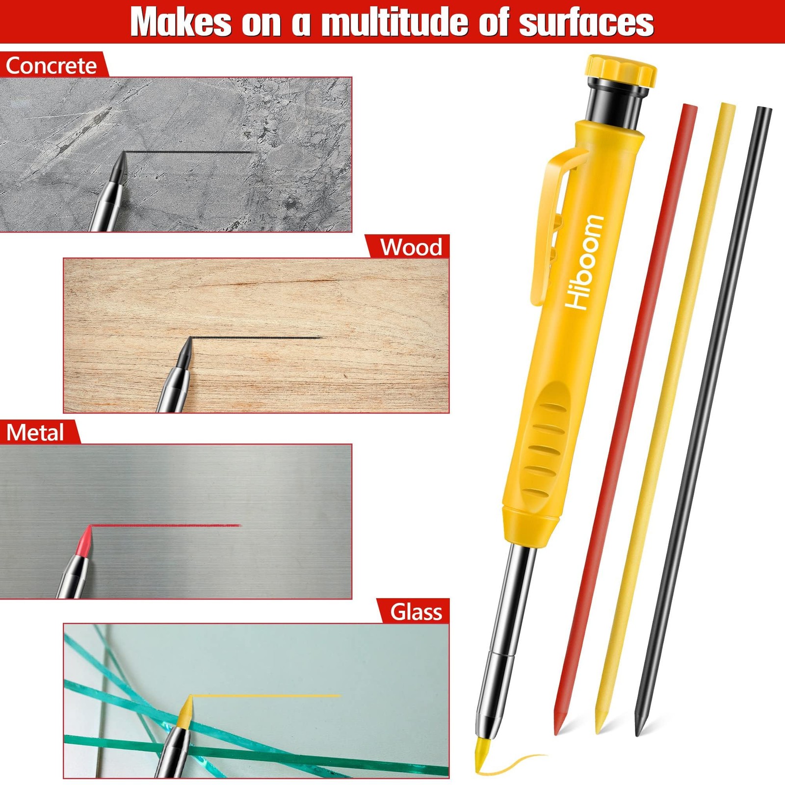 Hiboom 3 Pack Solid Carpenter Pencils with 21 Piece Set, Gray,Red,Yellow