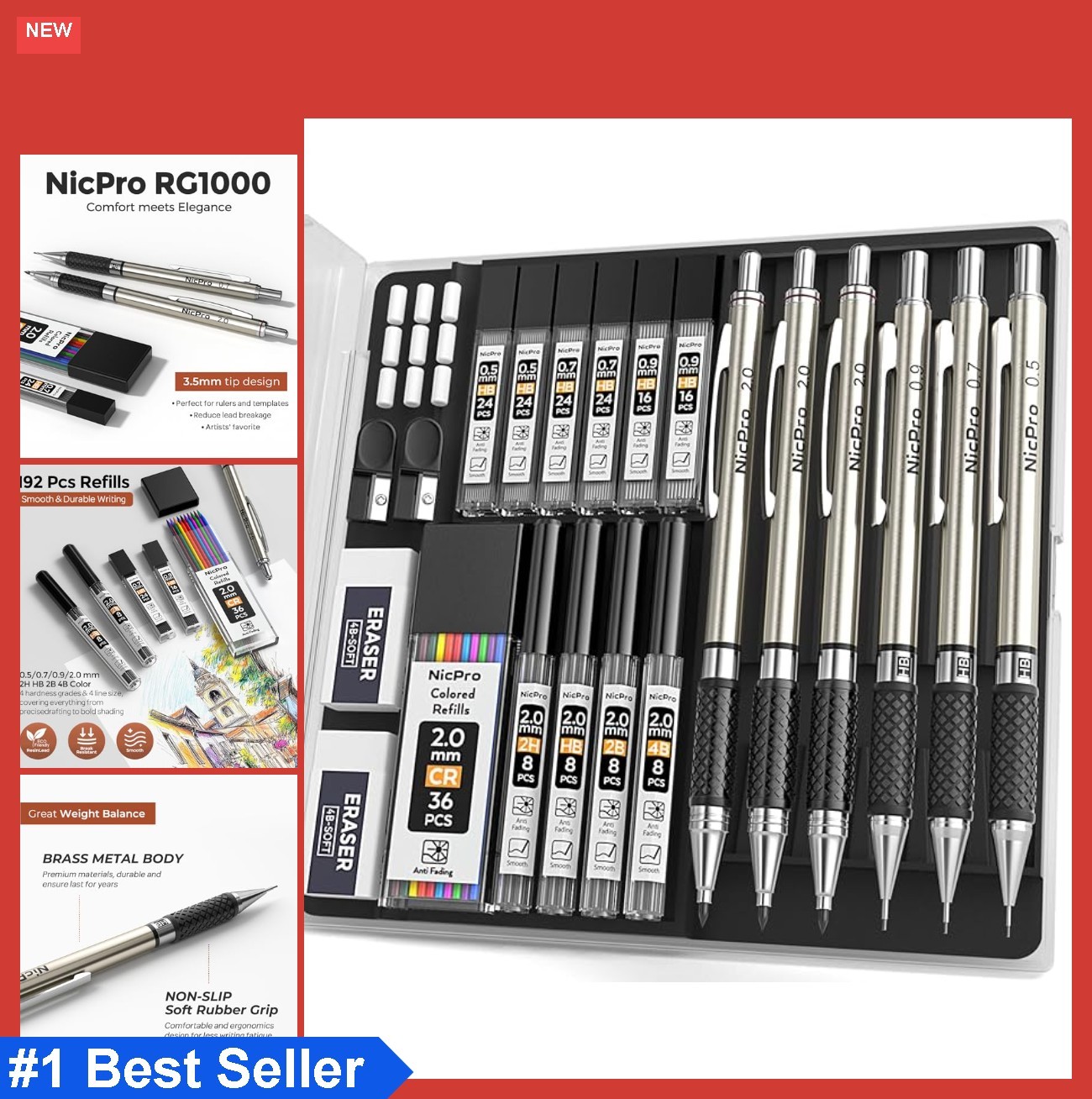 Art Mechanical Pencil Set 0.5 0.7 0.9 2mm Metal Drafting Sketching Drawing with