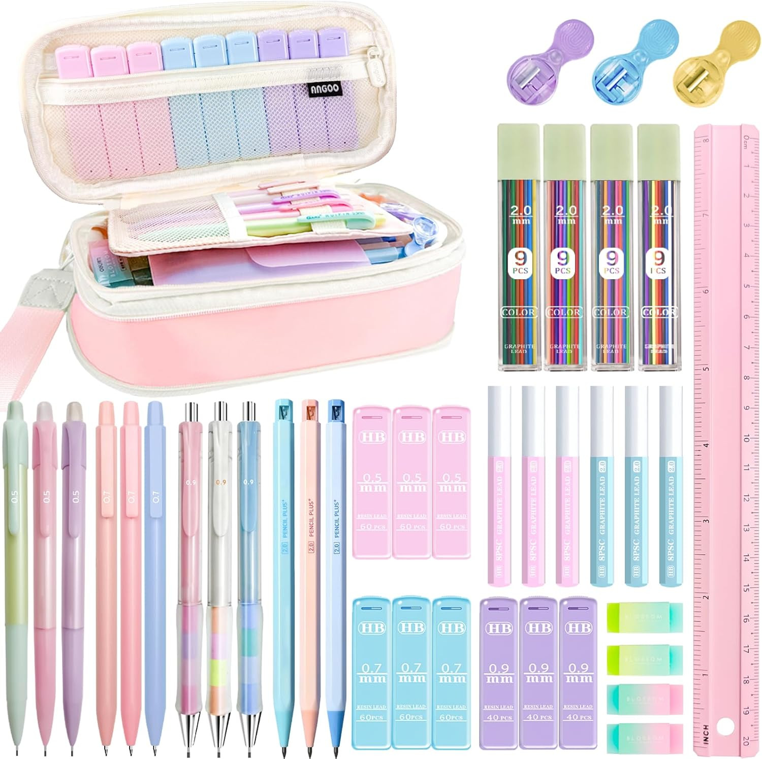 Mechanical Pencil Set with Pink Pencil Case,12X Pastel Mechanical Pencil 0.5Mm-2