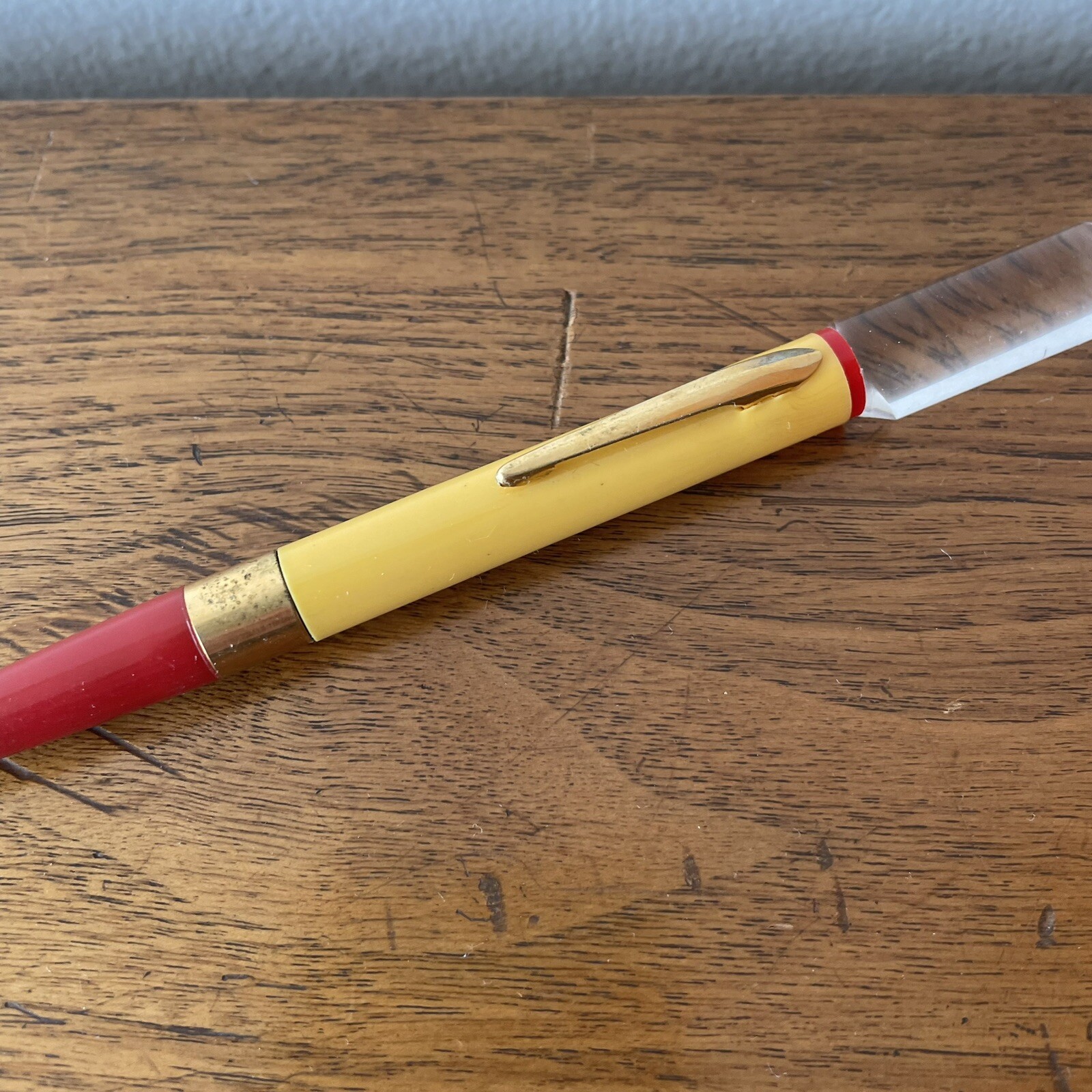 Vintage Mechanical Pencil Yellow & Red Plastic, Clear Lucite, Eraser, 6-1/4″ MCM