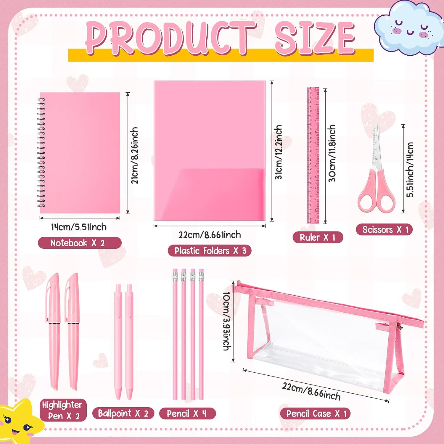 48 Pcs Pink School Supplies with Cute Pen Case Back to School Stationery Set Inc