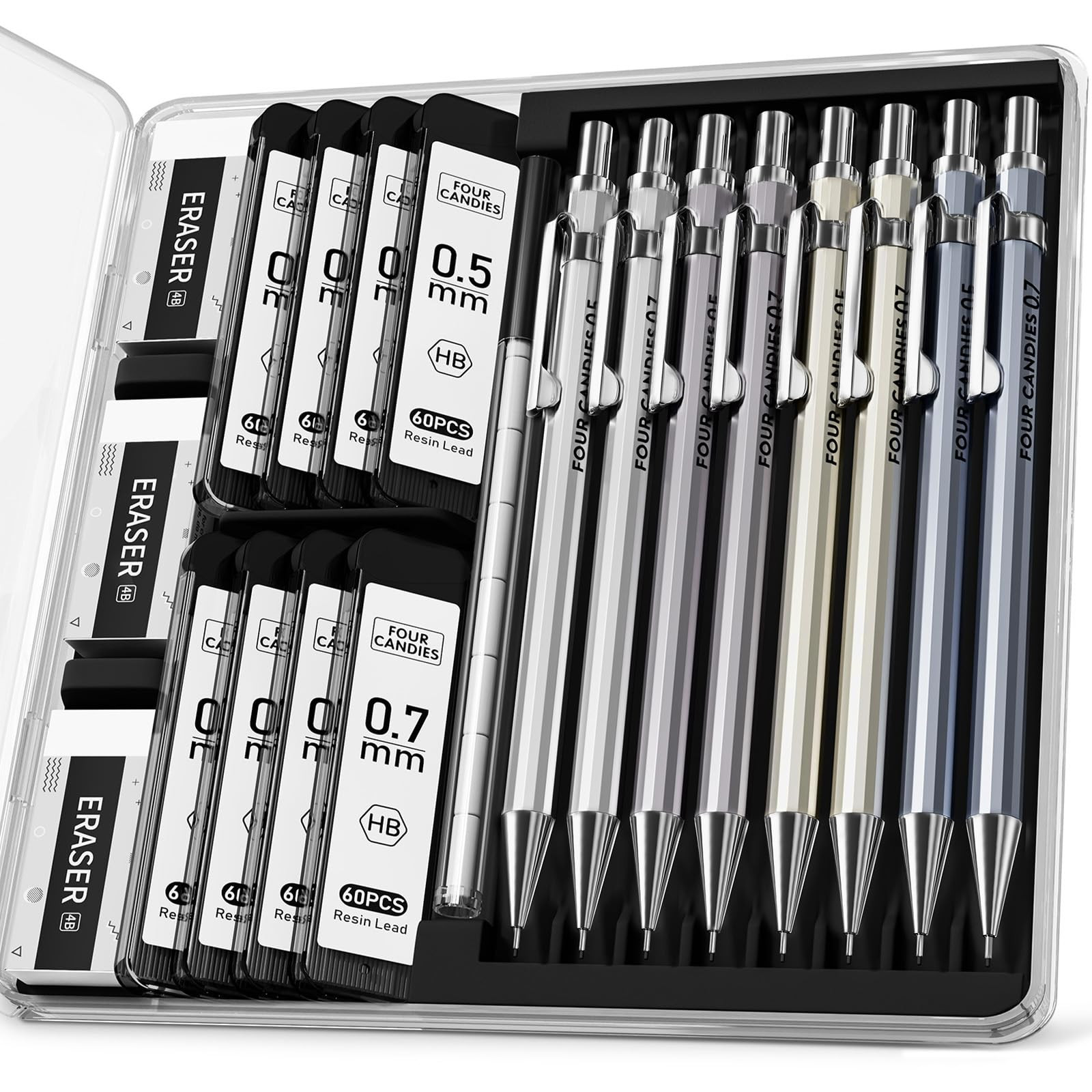 8PCS Metal Mechanical Pencils – 0.5 & 0.7mm with 8 Tubes HB #2 Lead Refills, …